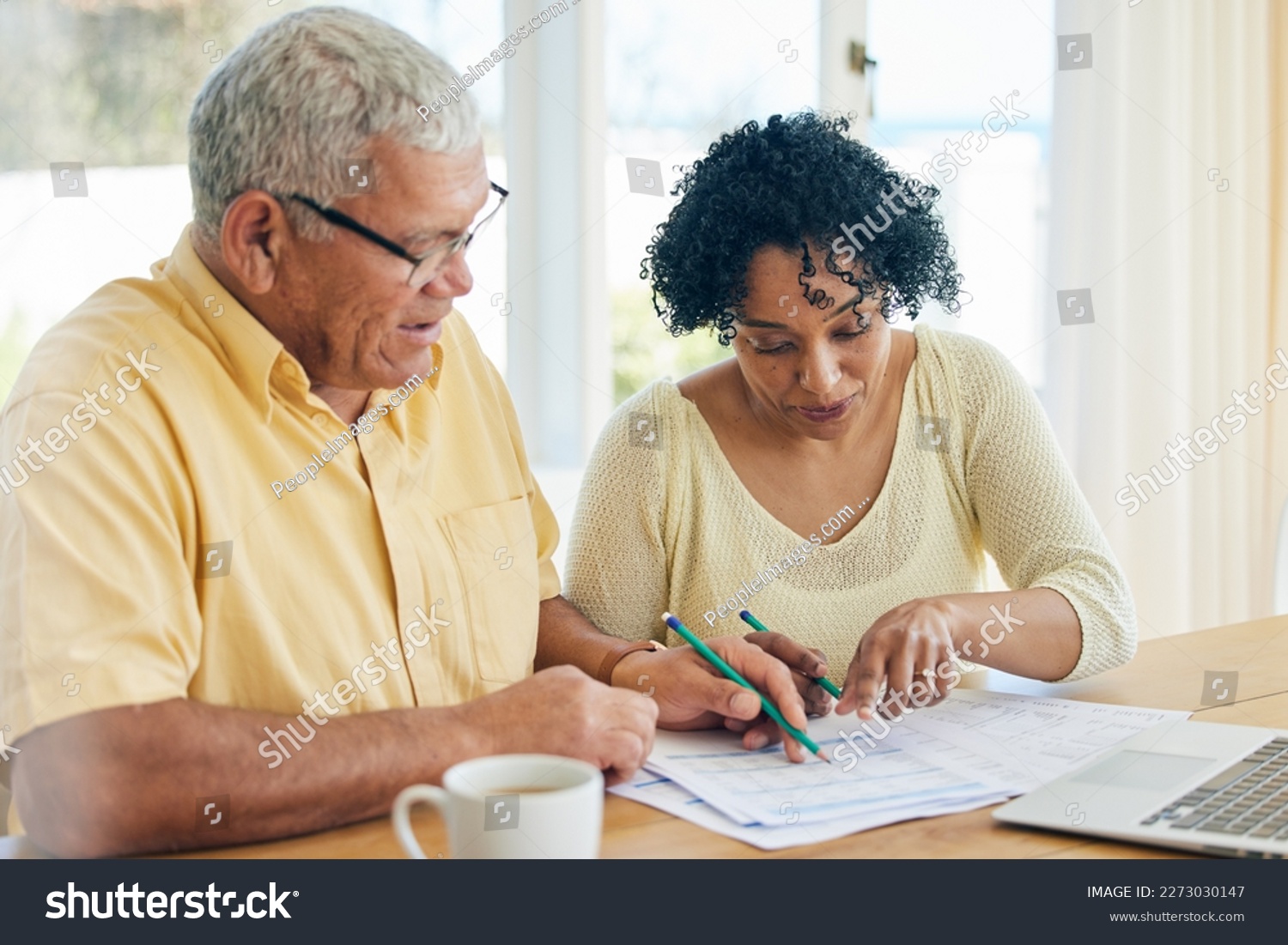 Paperwork, budget and senior couple at home for retirement funds, investment planning or asset management together. Elderly people or woman and partner reading documents, financial loan or mortgage #2273030147
