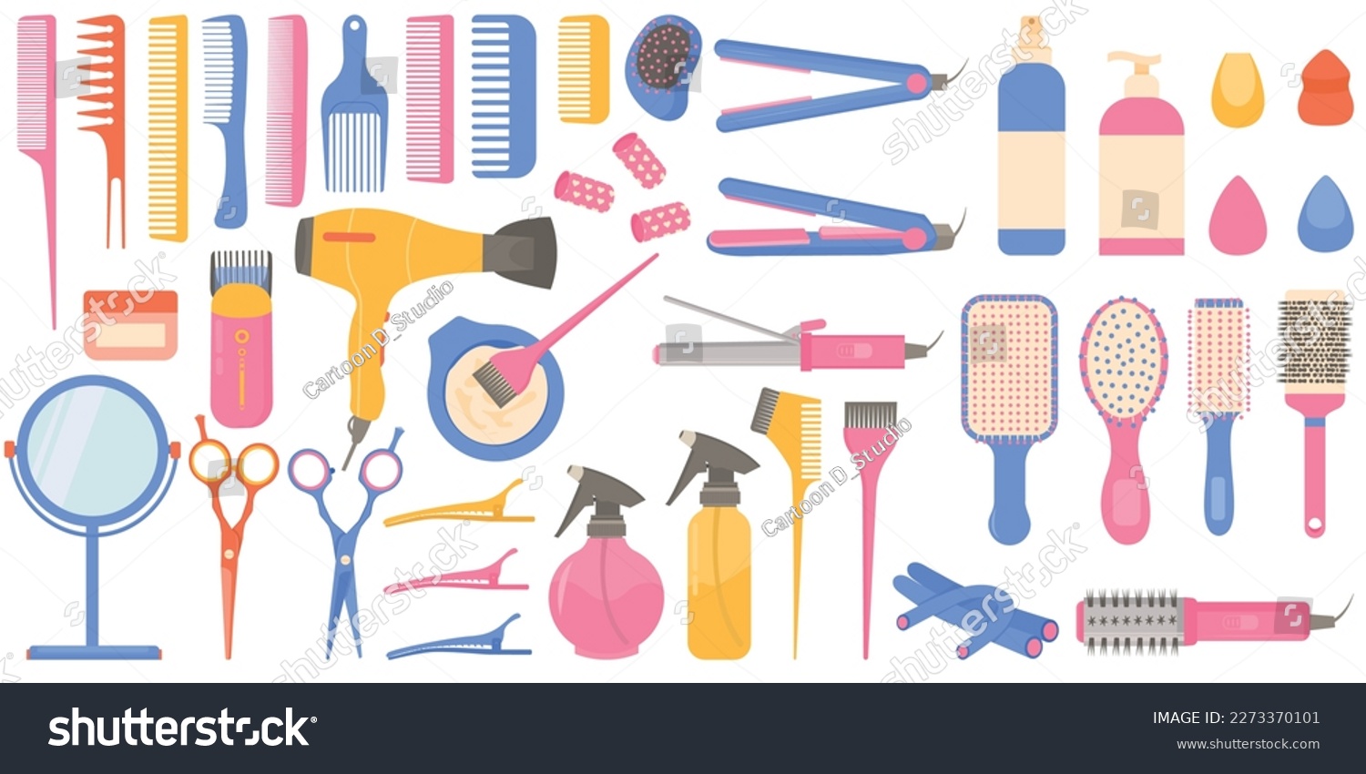 Vector cartoon set with hairdressing tools for a beauty salon. The concept of self-care and beauty services. Cute elements for your design #2273370101