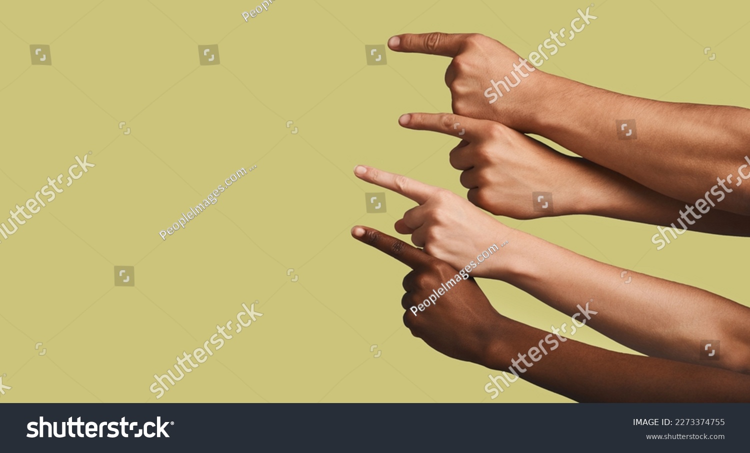 Mockup, hands and group of people in studio with answer, gesture or sign against yellow background. Finger, direction and emoji hand showing solution, faq or about us, vote or opinion while isolated #2273374755
