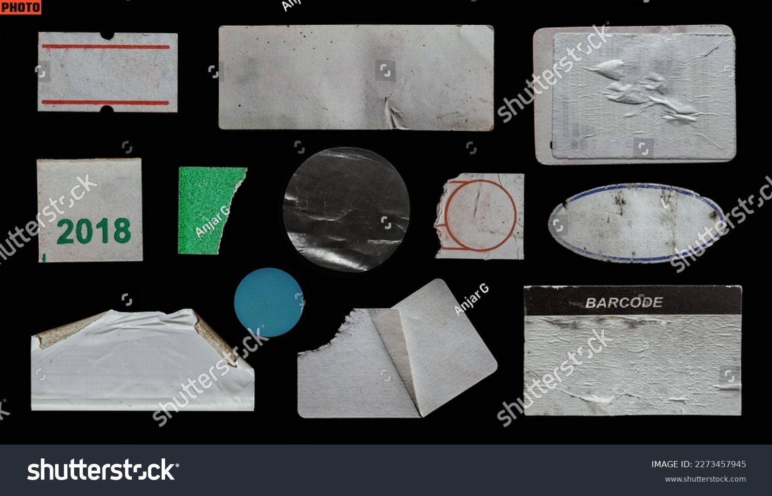 collection of blank old sticker, label, price tag template for mockup. isolated dirty, ripped, half peeled stickers #2273457945