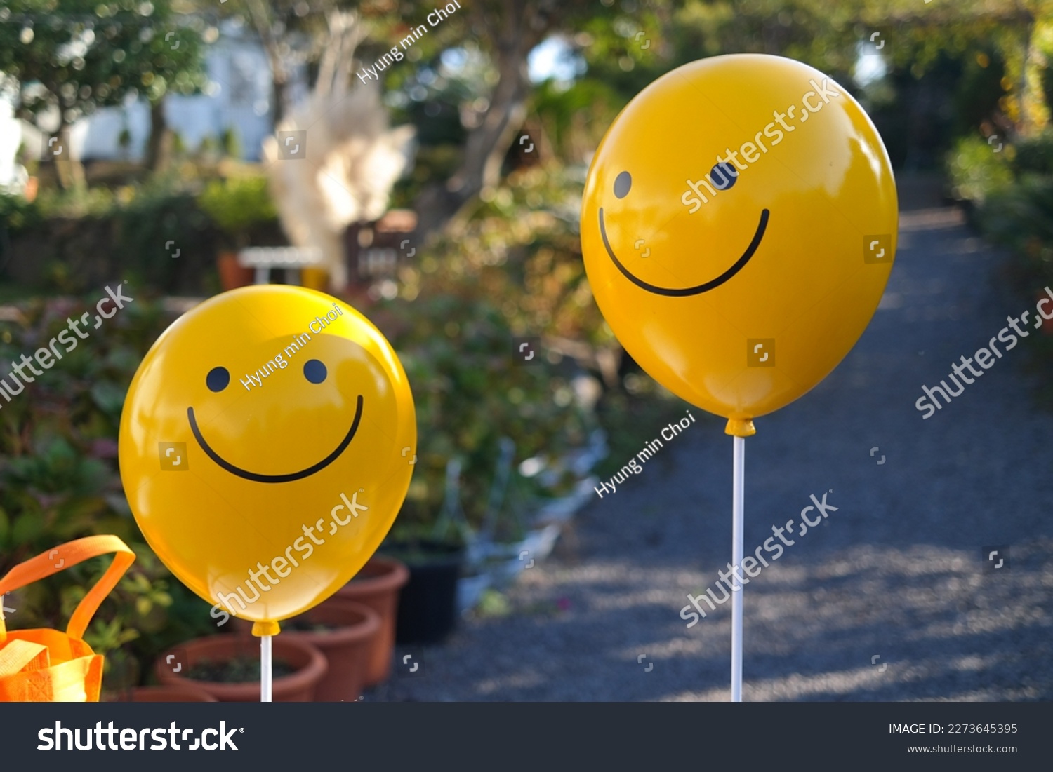 Two yellow balloons decorated with smileys #2273645395