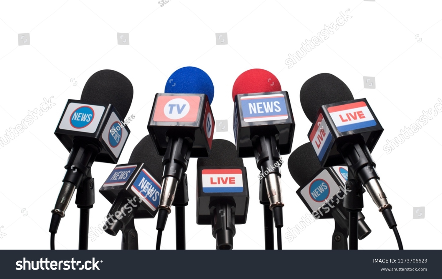 Set of microphones ready for the press conference, communication and media concept #2273706623