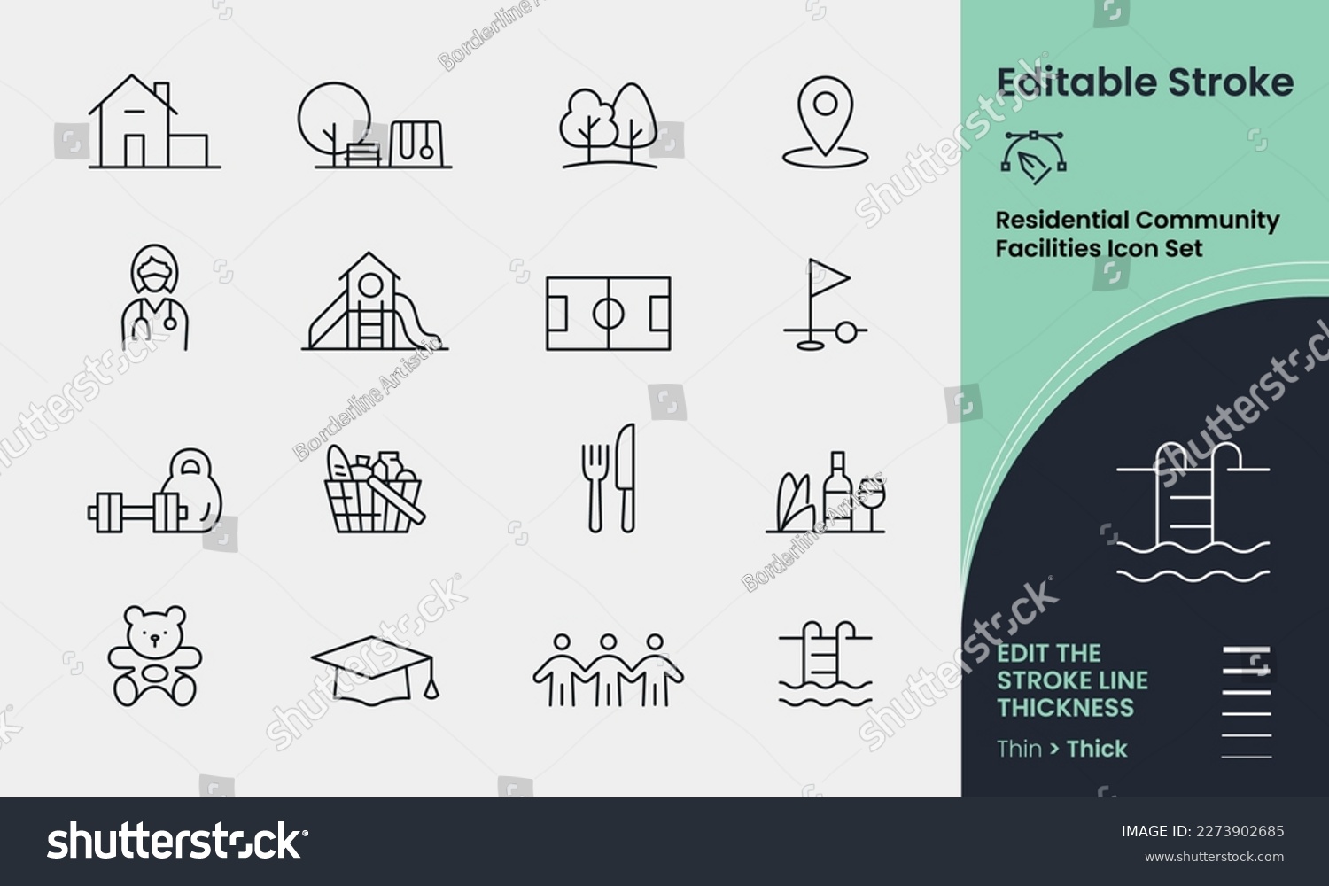 Residential Community Icon collection containing 16 editable stroke icons. Perfect for logos, stats and infographics. Change the thickness of the line in any vector capable app. #2273902685