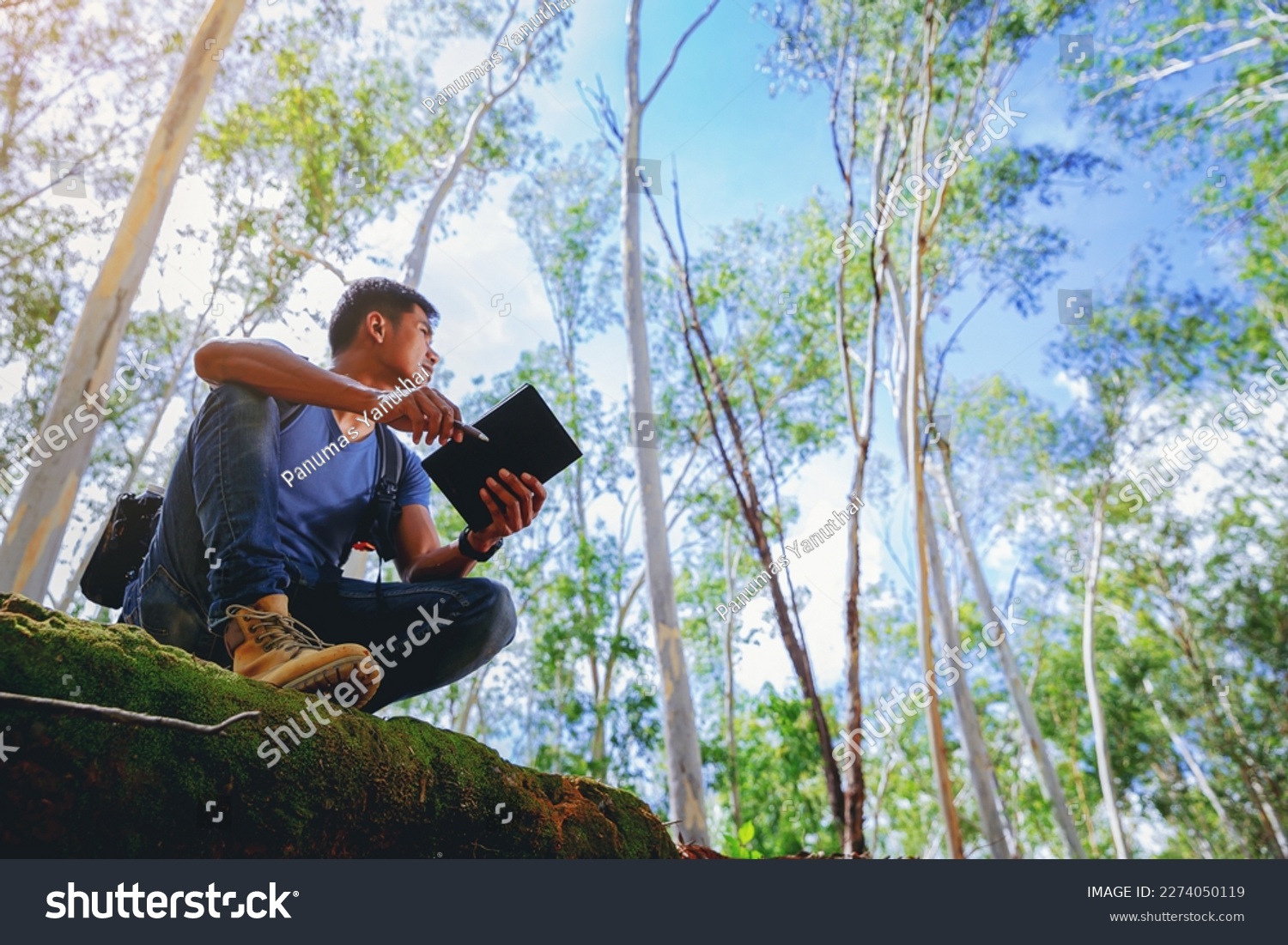 A man Biologist or botanist recording information about tropical plants in forest. The concept of hiking to study and research botanical gardens by searching for information. low angle view #2274050119