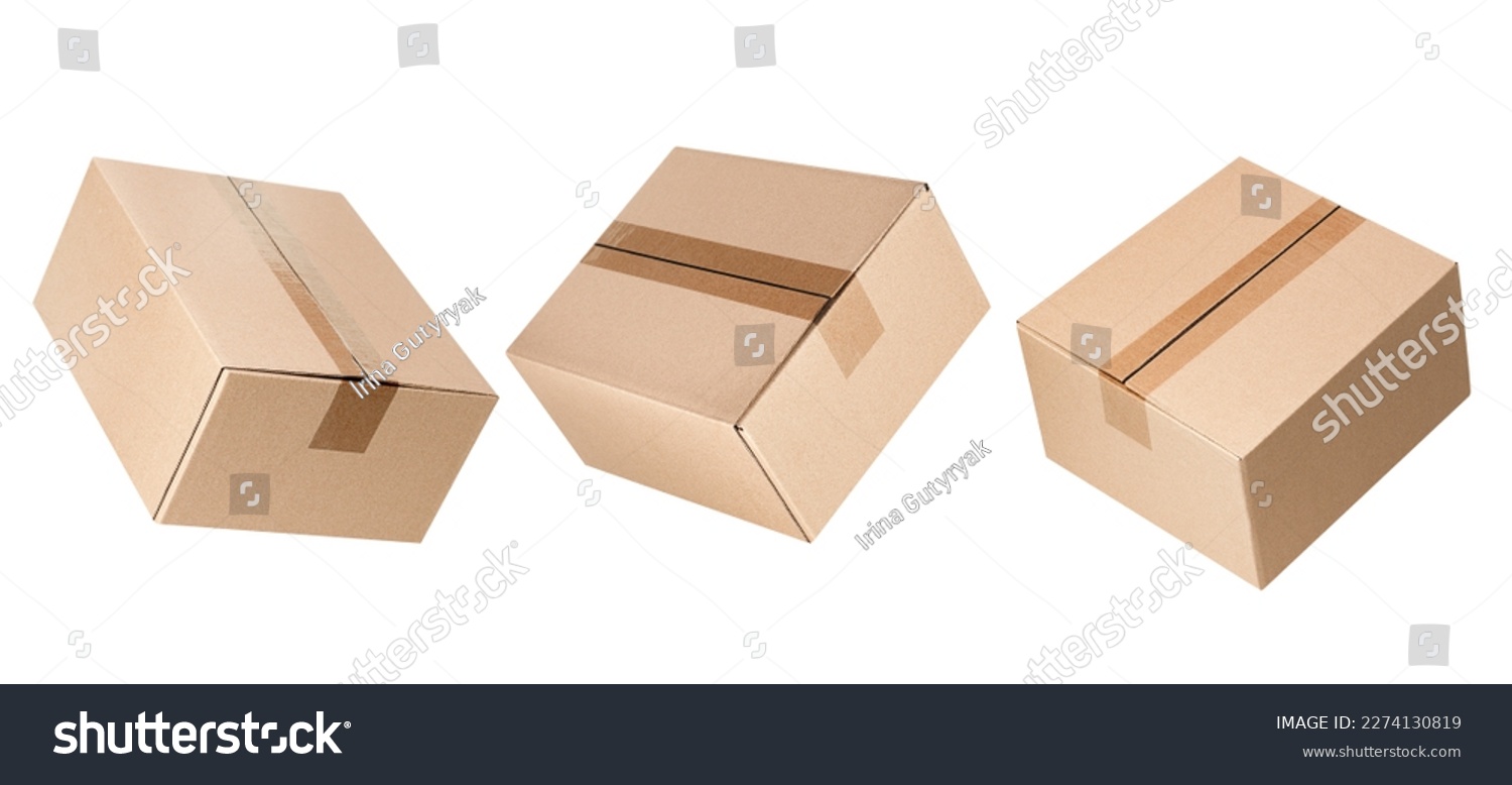 three levitating closed cardboard boxes from different angles on an isolated white background #2274130819