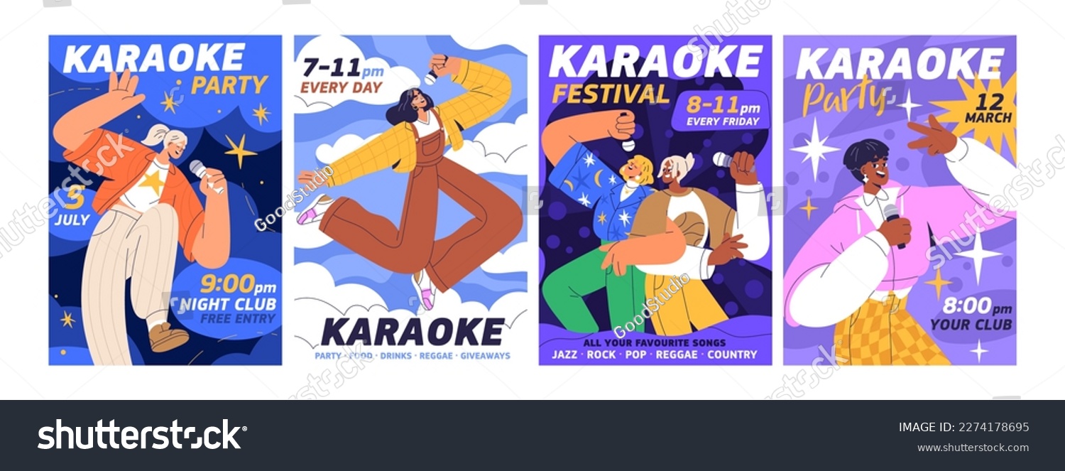 Karaoke, music party posters designs set. Vocal event, song festival, live concert in night club, flyers backgrounds templates. Vertical promotion banners with girls singing. Flat vector illustrations #2274178695