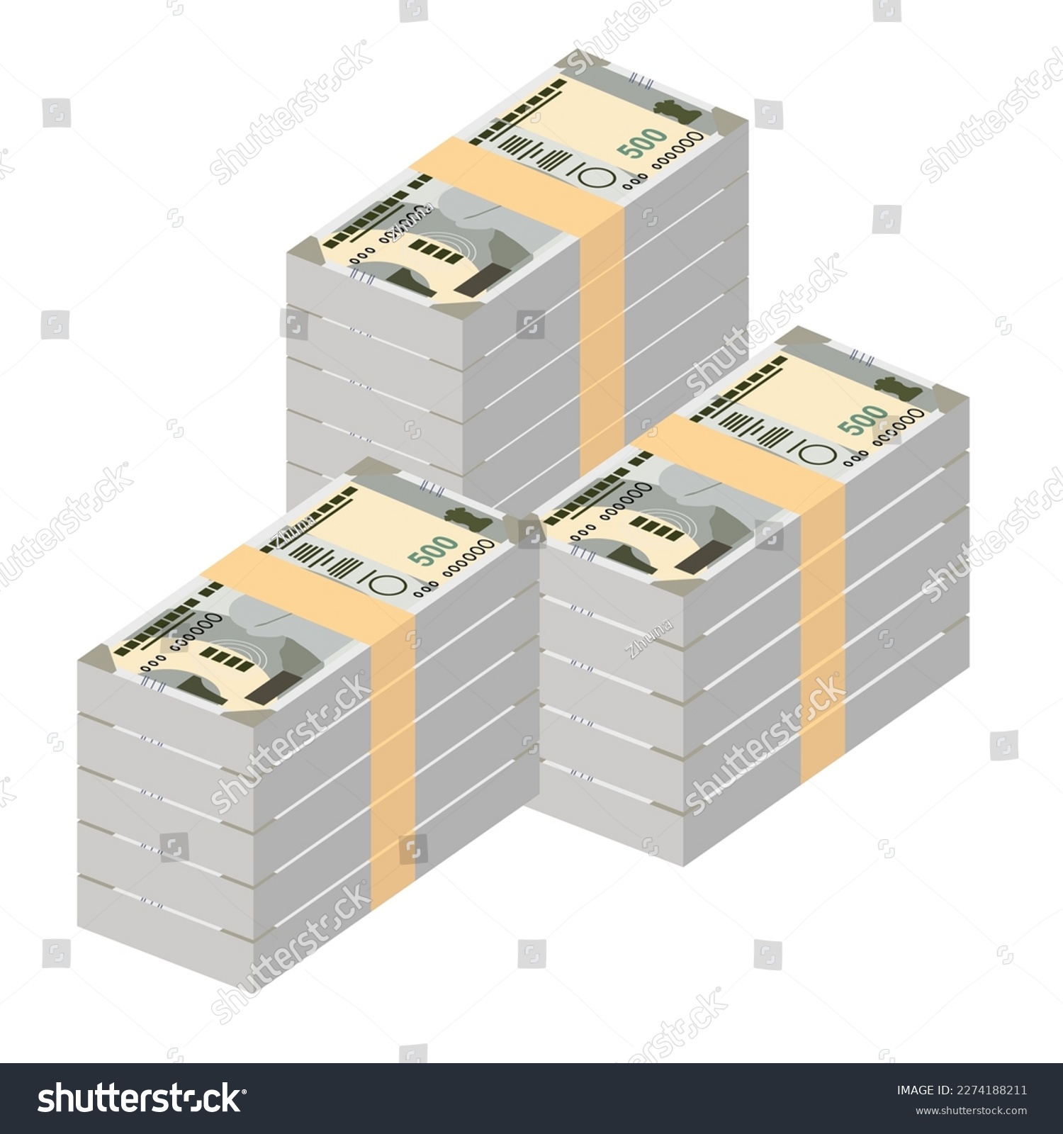 Indian Rupee Vector Illustration. India, Bhutan money set bundle banknotes. Paper money 500 INR. Flat style. Isolated on white background. Simple minimal design. #2274188211