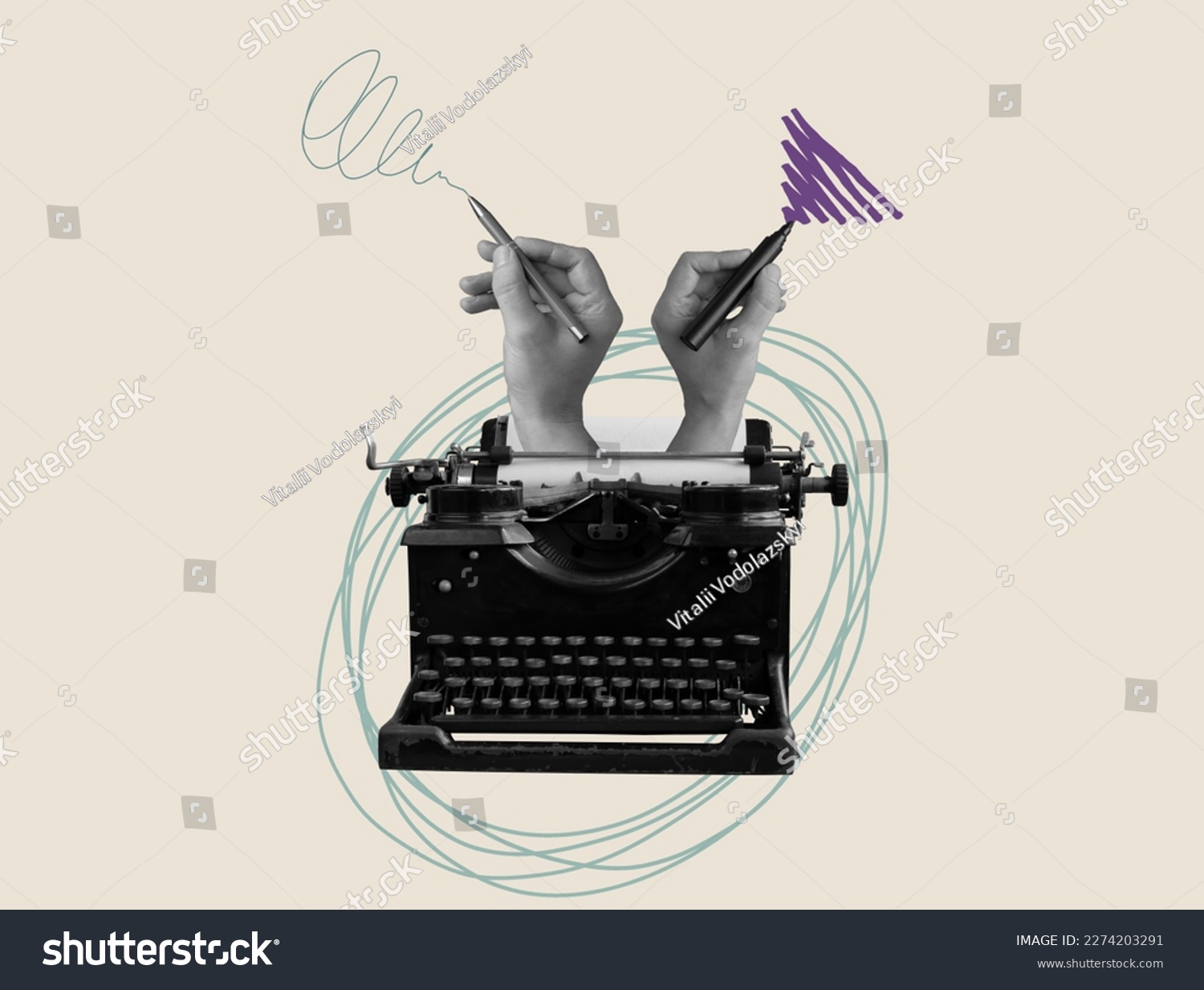 Art collage with an old typewriter and hands with pen. Storytelling, creativity and blogging concept. #2274203291