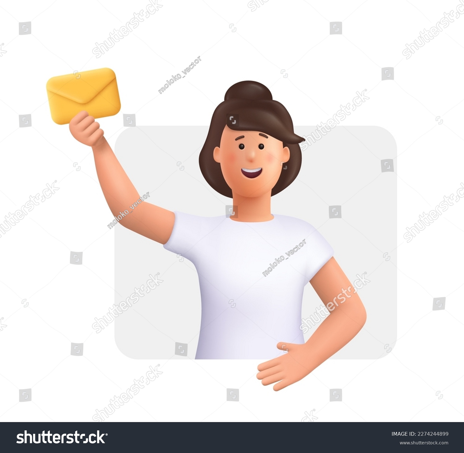 Young smiling woman holds yellow envelope. Post, gift, promotion, e-mail, messenger service concept. 3d vector people character illustration.Cartoon minimal style. #2274244899