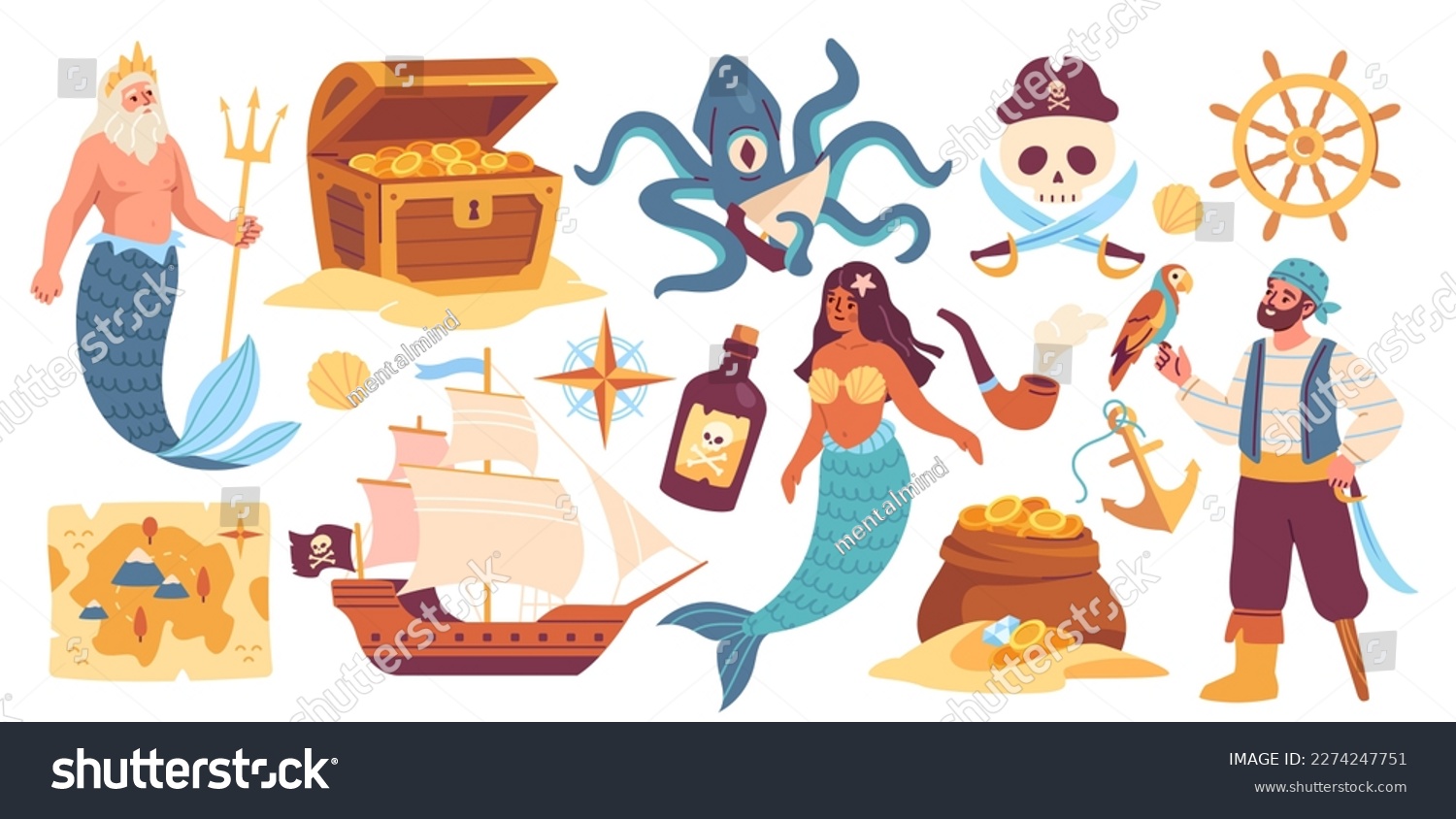 Pirate sticker set. Colorful patches with mermaid, neptune, treasure chest, treasure hunt map, pirate sailing ship, rudder and anchor. Cartoon flat vector collection isolated on white background #2274247751