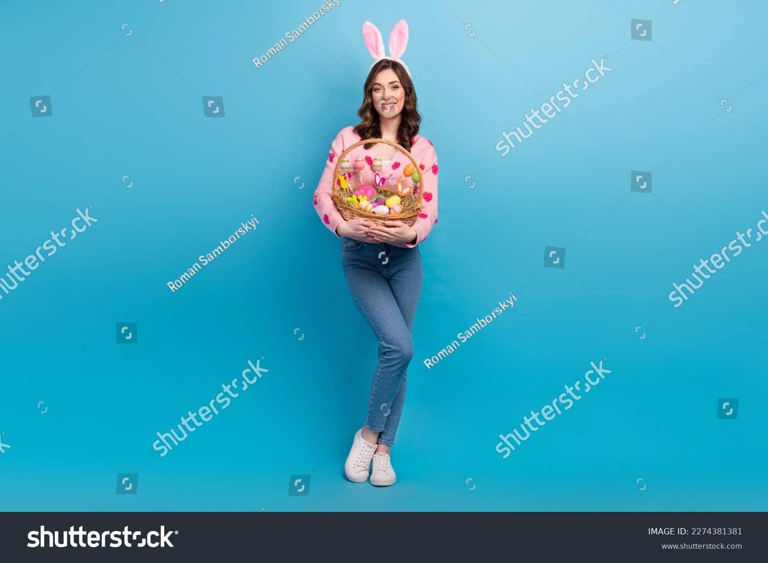 Full length photo of lovely lady easter bunny decoration wear trendy pink strawberry print garment isolated on blue color background #2274381381