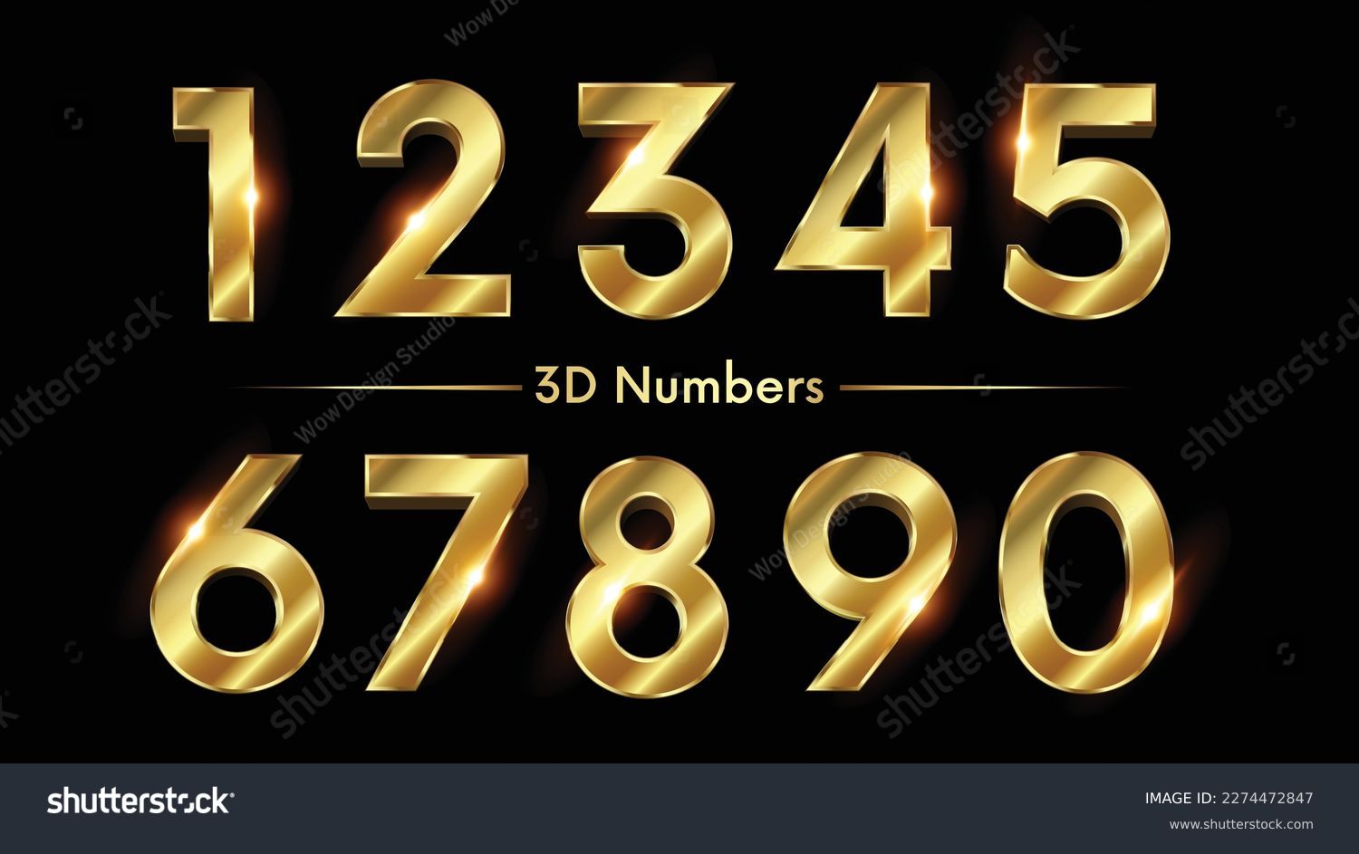 Golden Number 3D Style Font. one to Nine Isolated Letters. Birthday golden numbers Vector design elements. Golden numbers set. Vector 3d illustration. Realistic shiny characters #2274472847