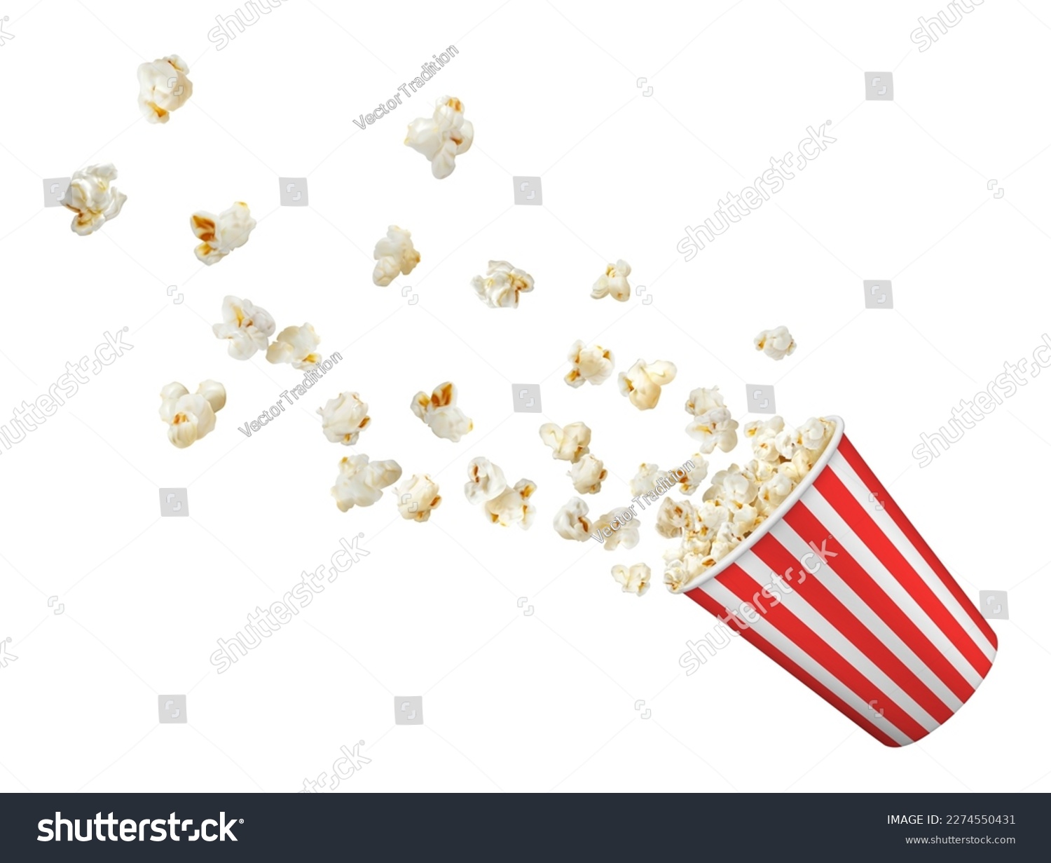 Popcorn flakes flying to bucket, realistic popcorn box isolated on white vector background. Popcorn splash from red white striped bucket for cinema snack or movie theater fast food menu #2274550431