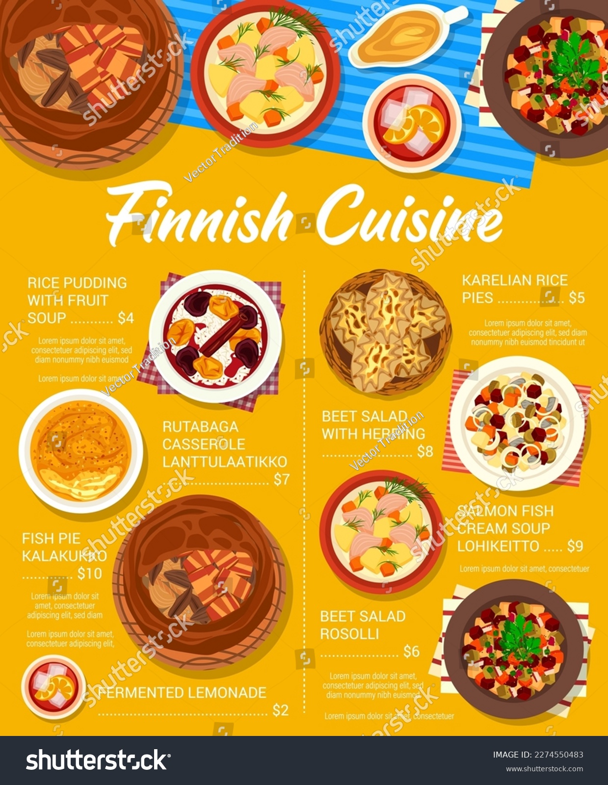 Finnish cuisine menu page design. Salmon soup - Royalty Free Stock ...