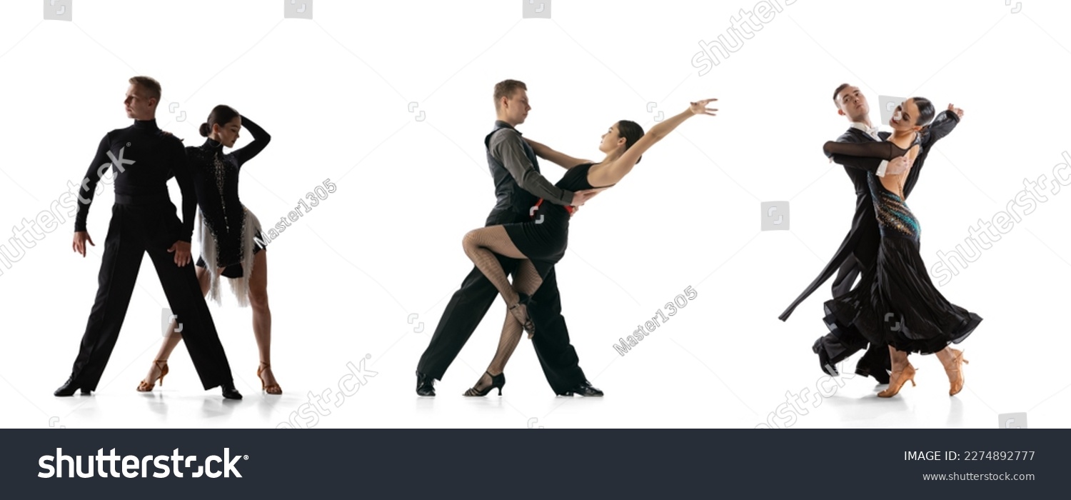 Collage. Stylish beautiful young people, men and women in black outfits dancing, performing tango and ballroom dance isolated over white background. Concept of art, movements, retro fashion, culture #2274892777