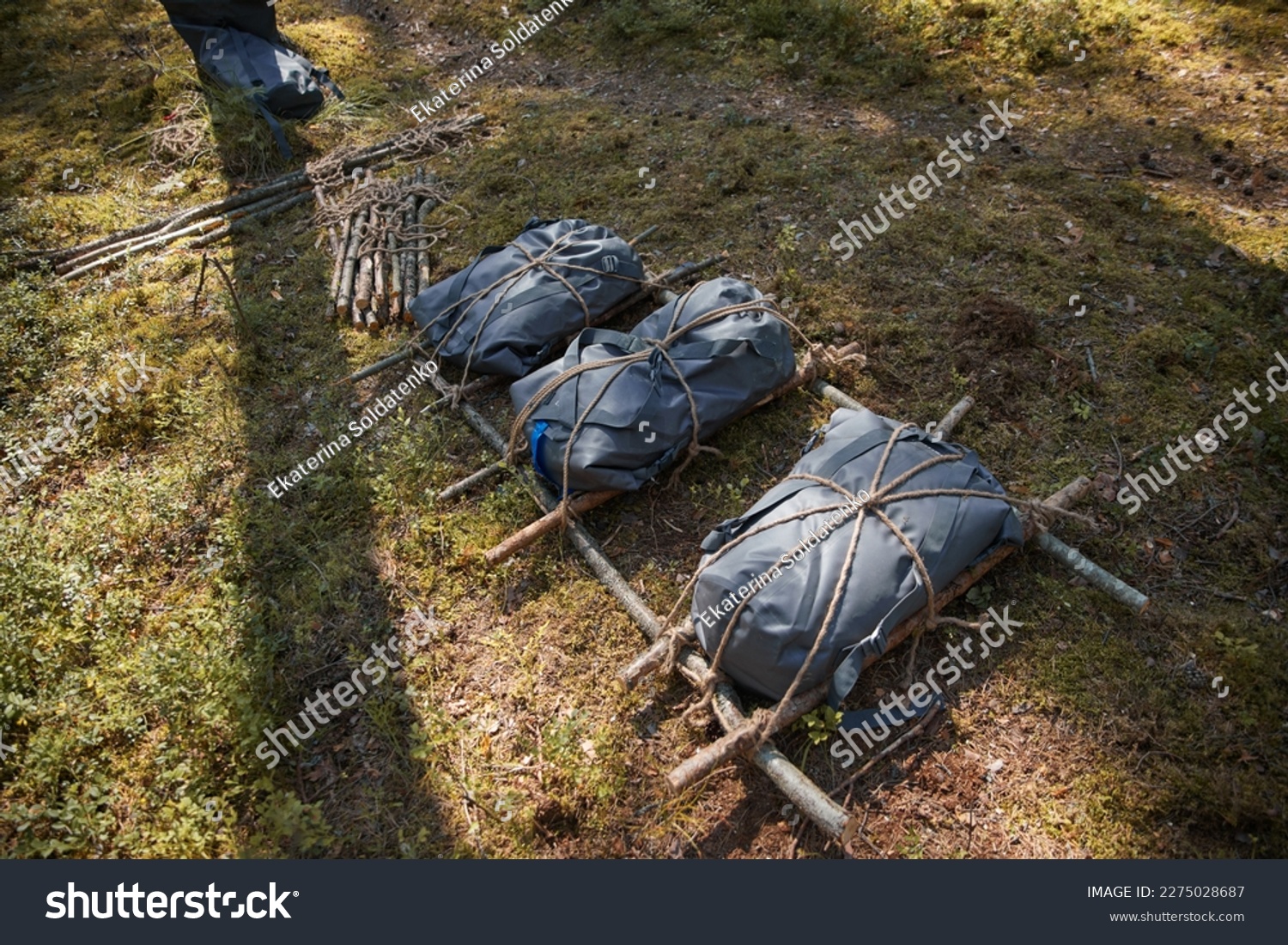 Makeshift stretchers made of small logs and tarpaulins, tied together with a rope, lie on the ground in the forest. Preparing for a hike in the wild. #2275028687