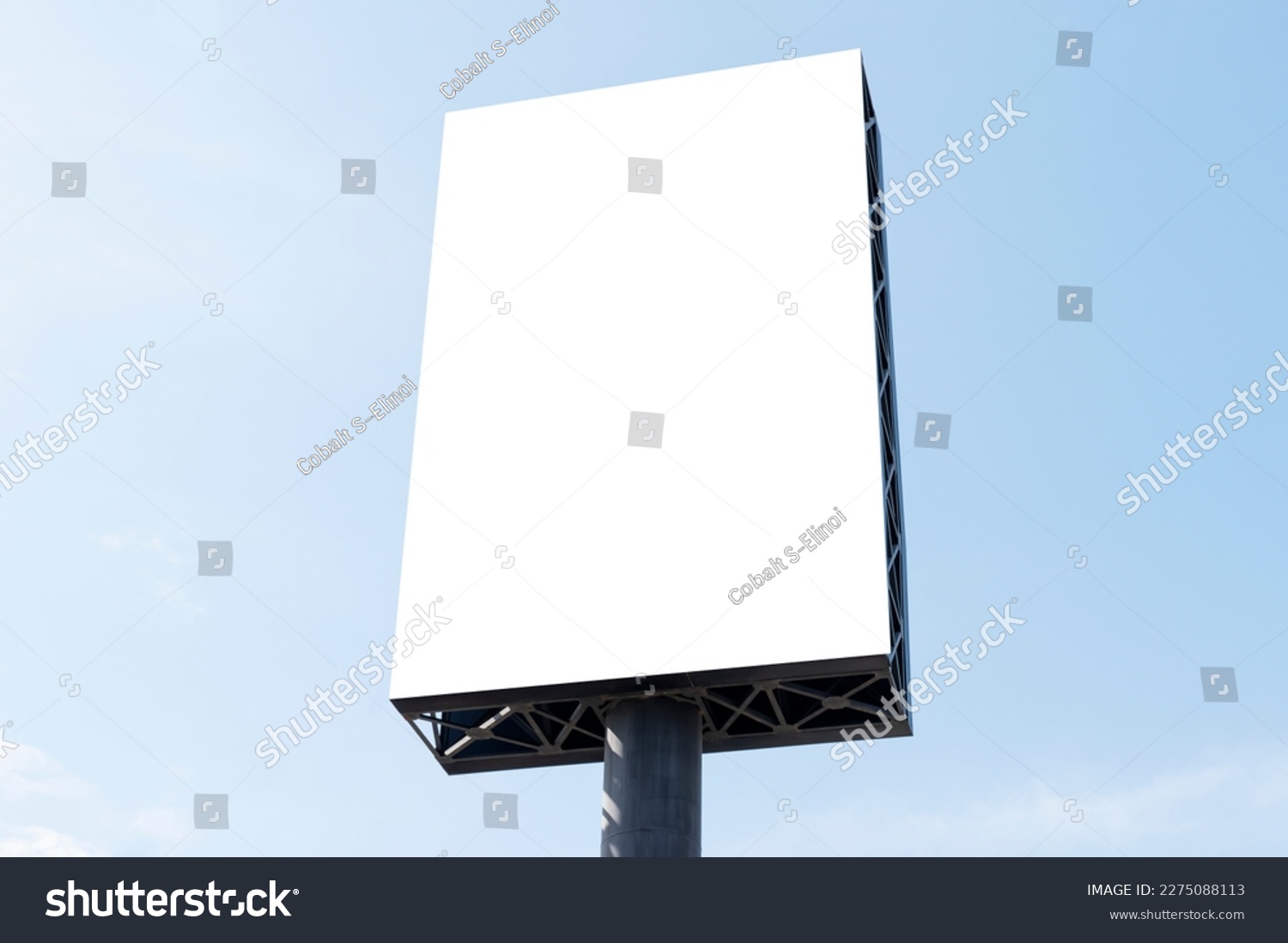 Outdoor pole billboard on blue sky background with mock up white screen and clipping path #2275088113