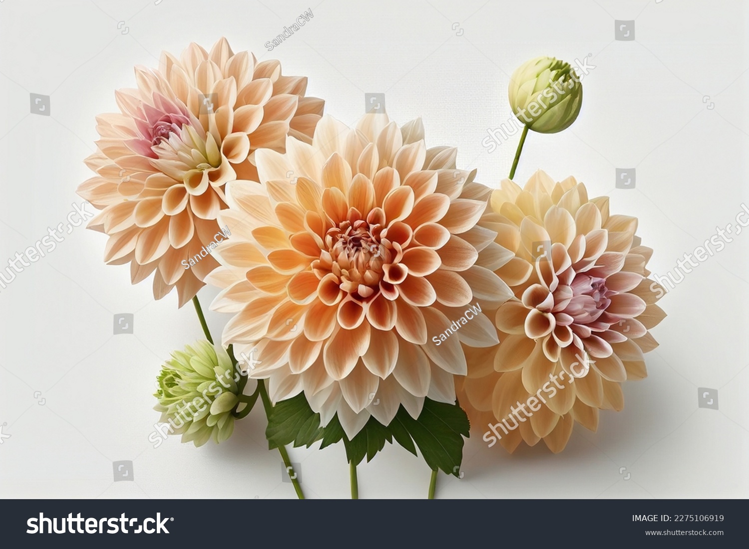 Flowers creative composition. Bouquet of dahlia flowers plant with leaves isolated on white background. Flat lay, top view, copy space	
 #2275106919