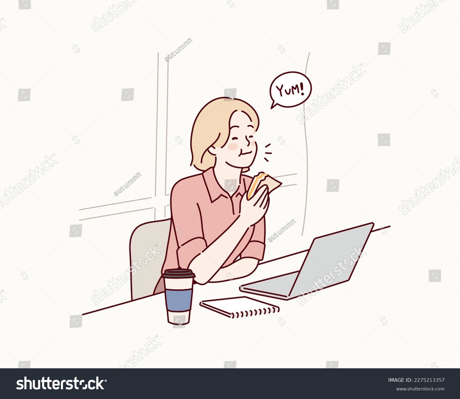 woman holding and eating whole wheat sandwich while working on laptop computer. Hand drawn style vector design illustrations. #2275213357