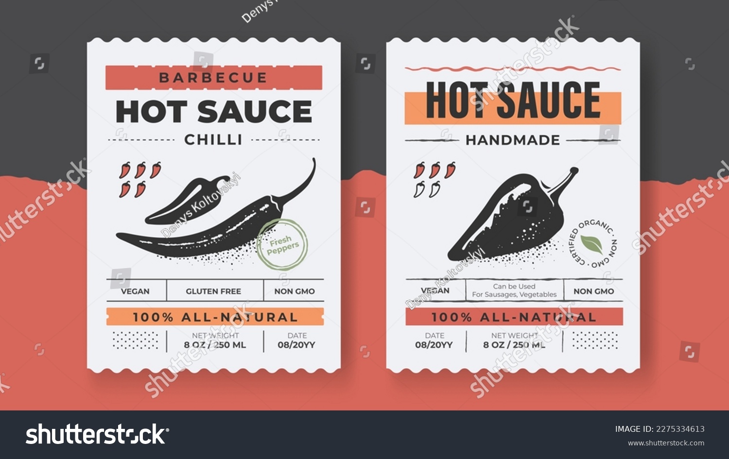 Packaging design for chili pepper. Hot Sauce vintage product label template. Retro package with spicy ingredients. #2275334613