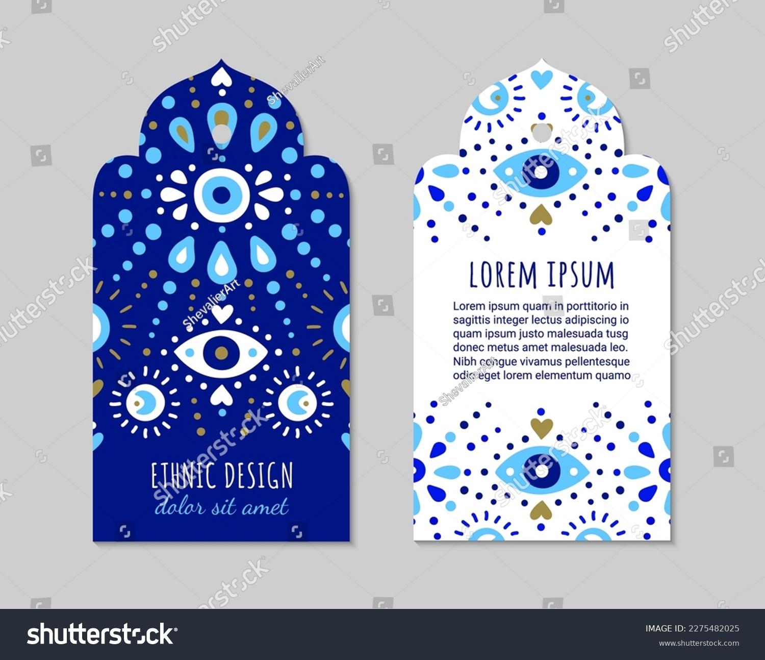 Turkish evil eye symbol tags. Protection from the spoilage signs. Oriental tag curly shaped design. Ethnic arabian ornamental label. Asian brochure template. Eastern style EPS 10 vector illustration #2275482025
