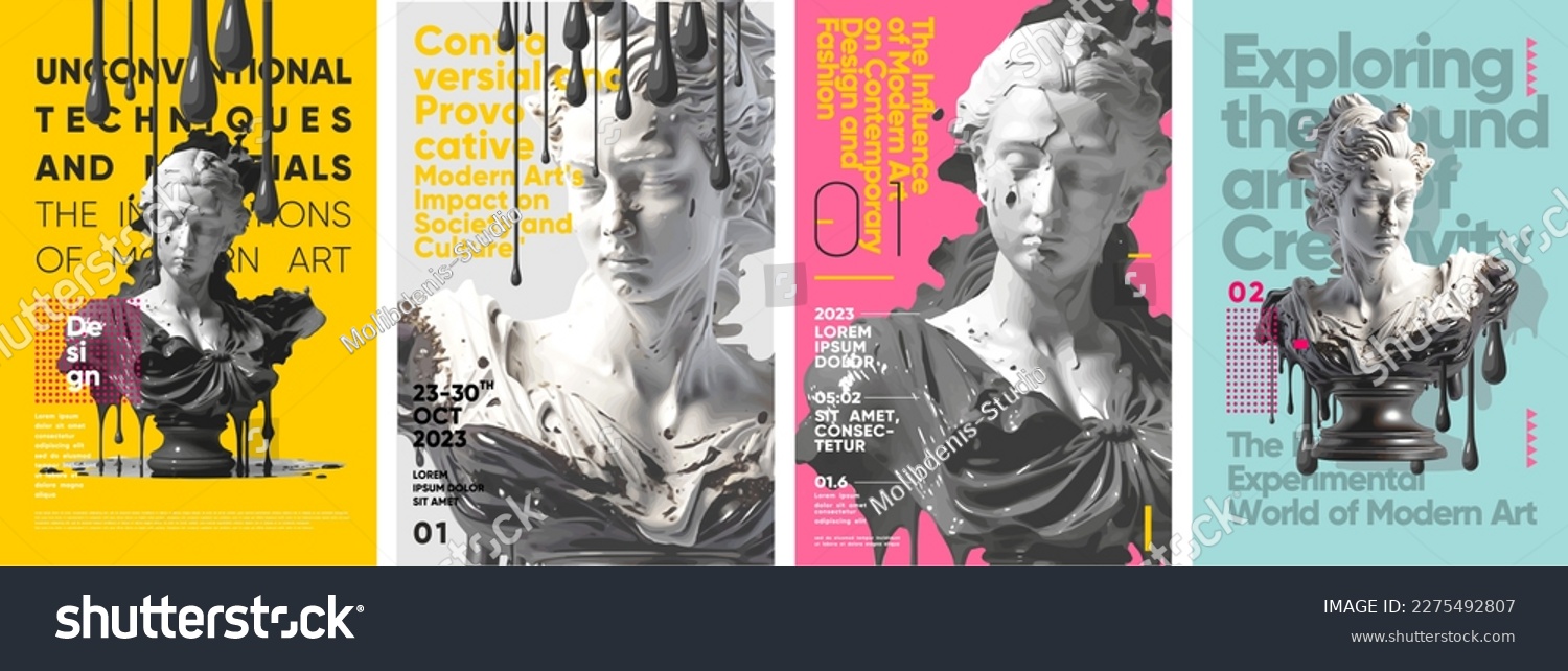 Antique busts covered in black paint. Modern Art. Set of vector illustrations. Typography design and vectorized 3D illustrations on the background. #2275492807