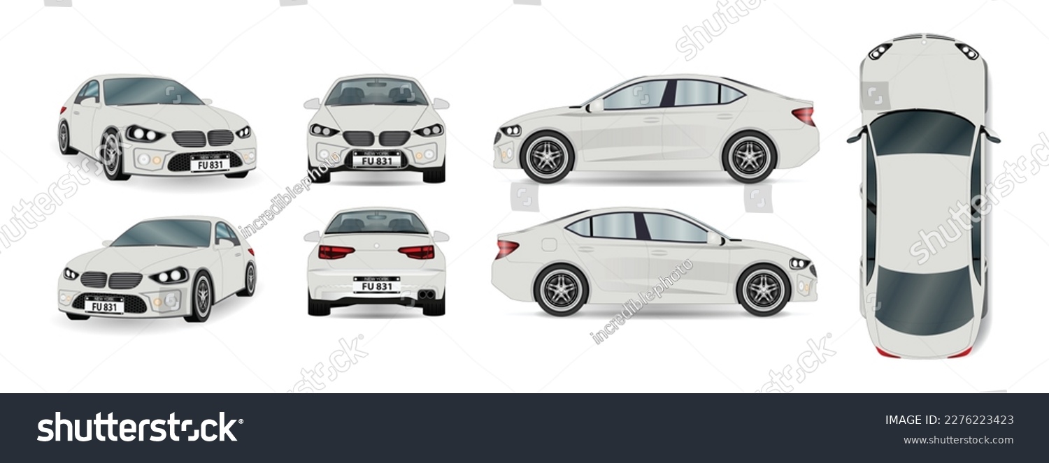 Set of different angles of a white car. View isometric, front, rear, side, and top. Business sedan isolated. Vehicle mockup. Vector. #2276223423