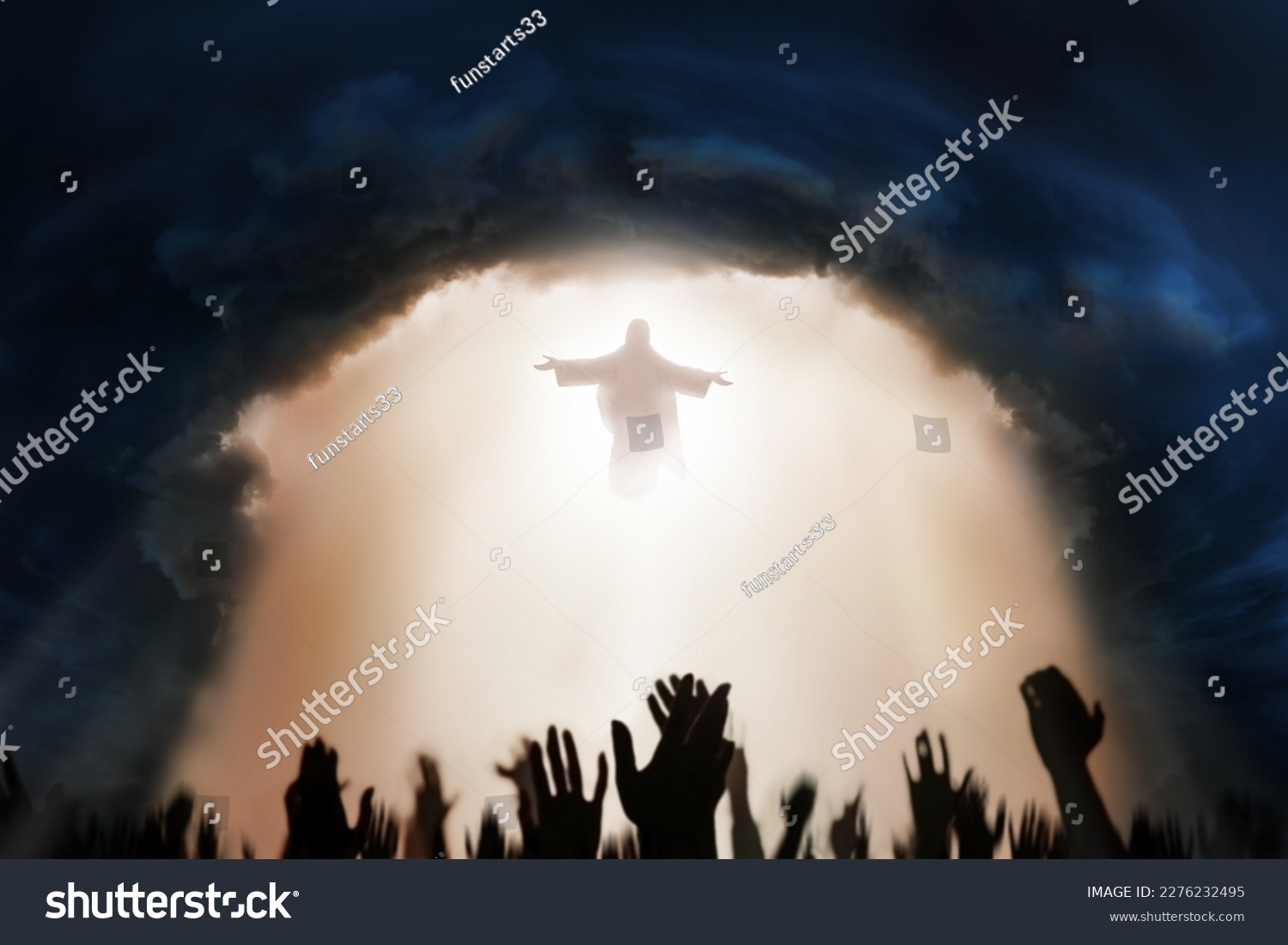Heaven opens as God comes down to earth for the final judgment with blurry hands of people below. #2276232495