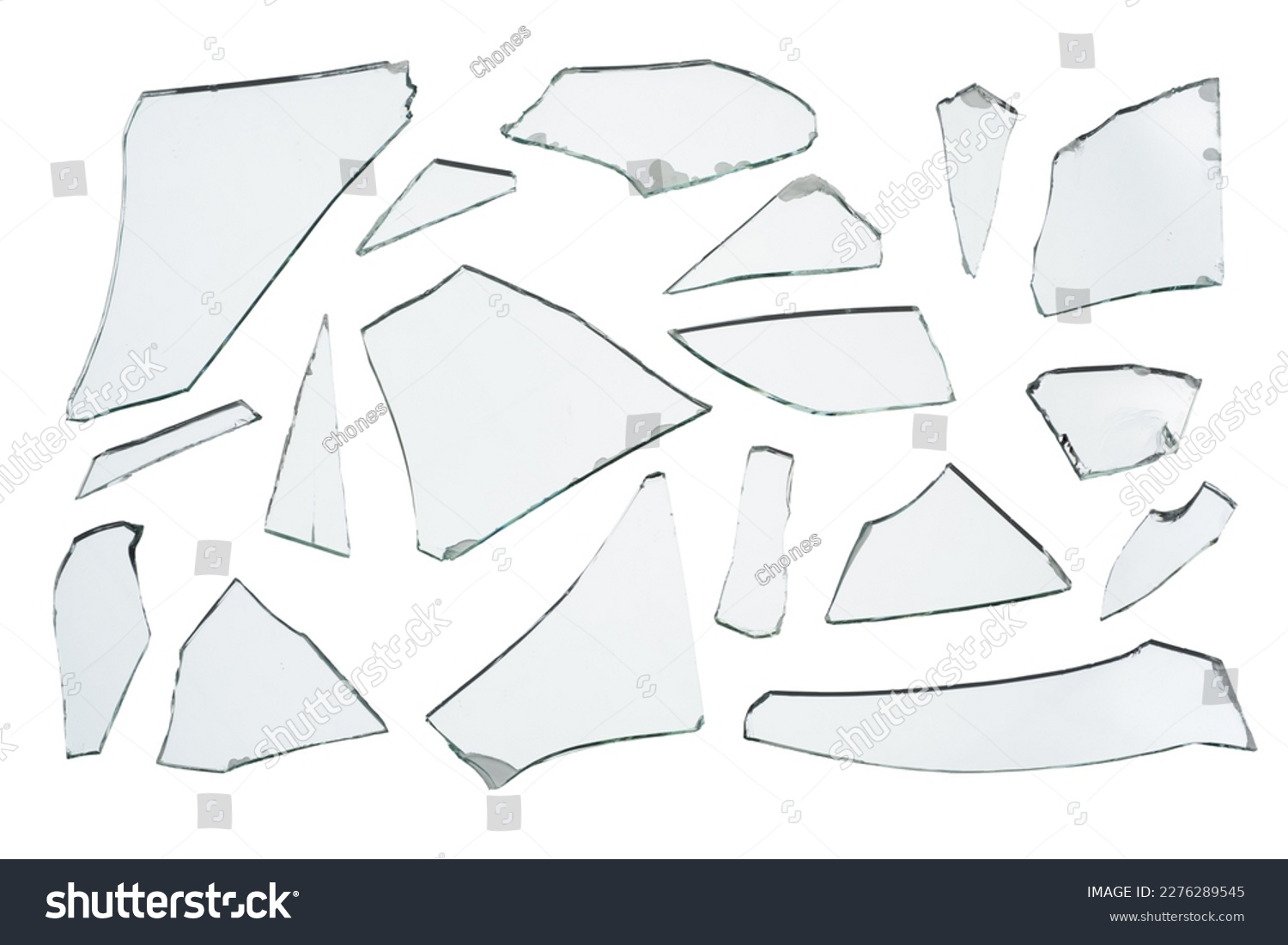 Broken pieces glass mirror set. Isolated on white background #2276289545