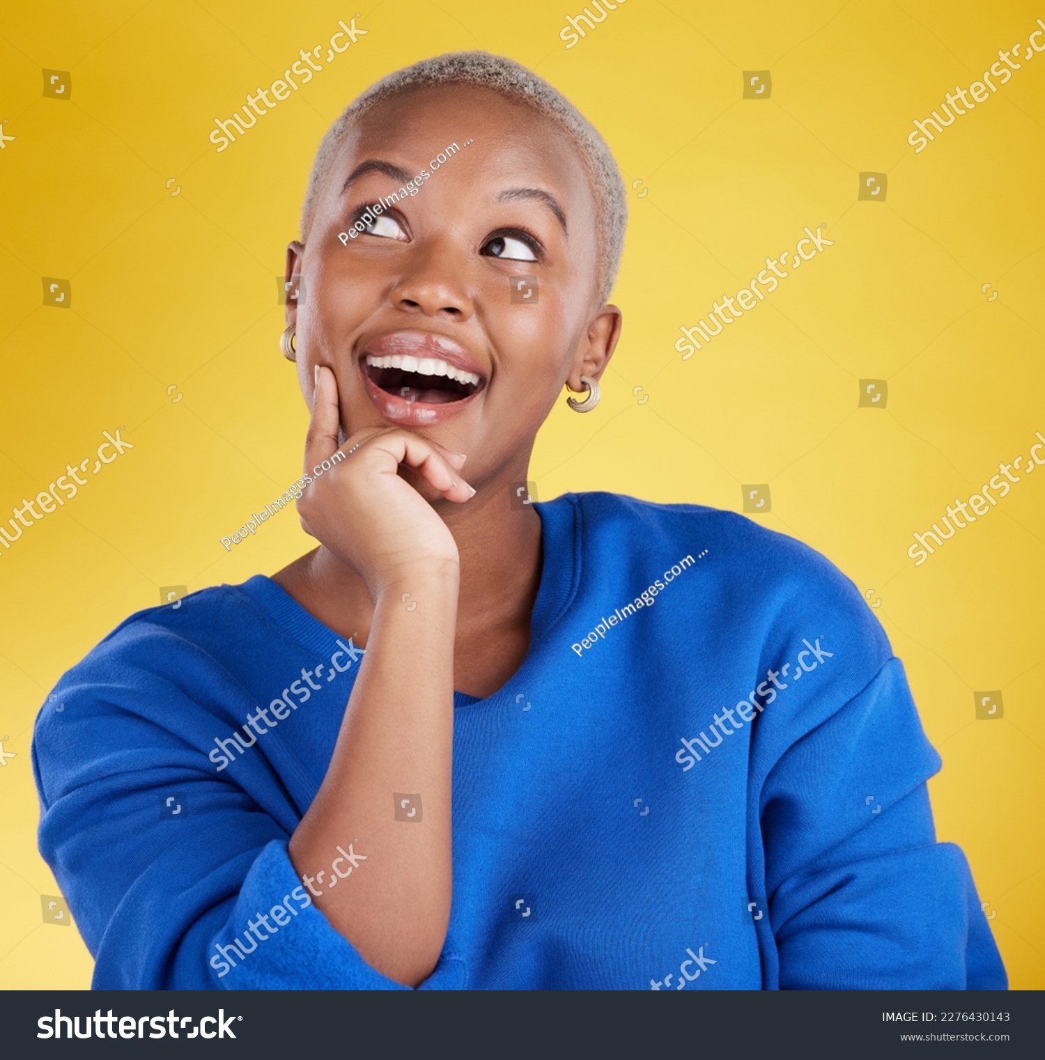 Wow, thinking and aha with a black woman in studio on a yellow background looking thoughtful or surprised. Idea, wonder and eureka with an attractive young female feeling shocked or contemplative #2276430143