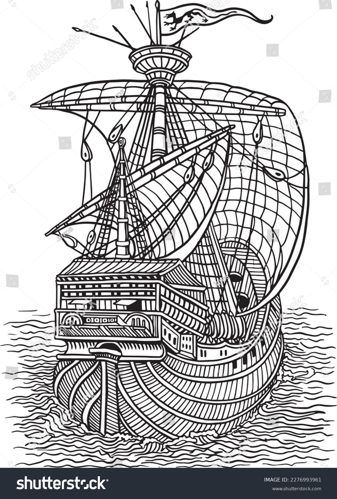 Medieval carrack ship in the sea, vector ink - Royalty Free Stock ...