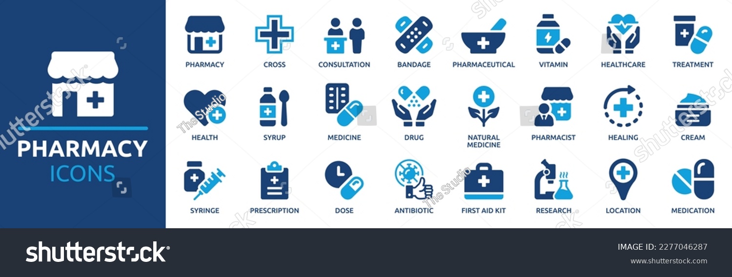Pharmacy icon set. Medicine, bandage, medication, prescription, treatment, health and syringe symbol. Solid icons vector collection. #2277046287