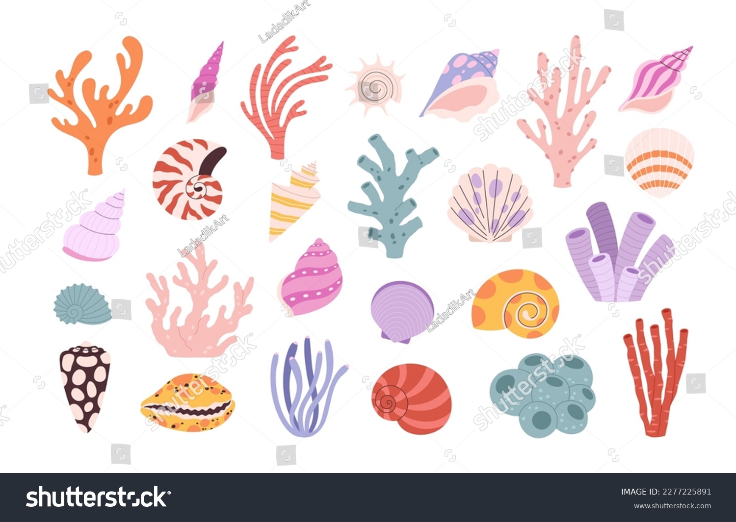 Cartoon corals and seashells, algae underwater elements. Ocean blue natural plants, seashells aquarium set. Shell, laminaria, racy marine vector clipart #2277225891