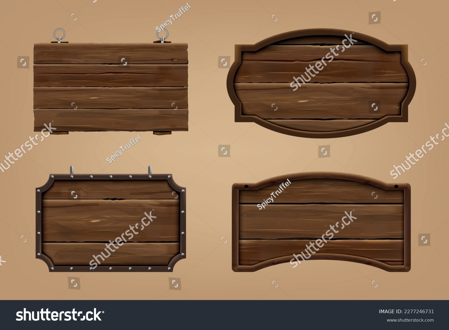3D wooden sign boards. Wood texture. Natural timber. Old bar or saloon vintage table. Rustic aged frame. Empty billboards. Fence signage. Rustic plank. Vector realistic signboards set #2277246731