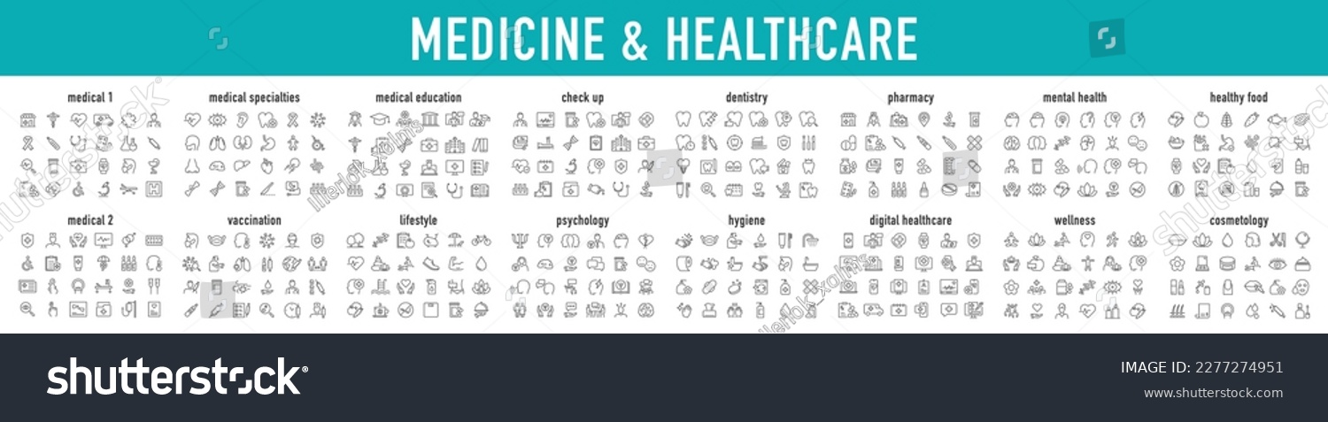 Set of 400 Medical and Healthcare web icons in line style. Medicine, check up, doctor, dentistry, pharmacy, lab, scientific discovery, collection. Vector illustration. #2277274951
