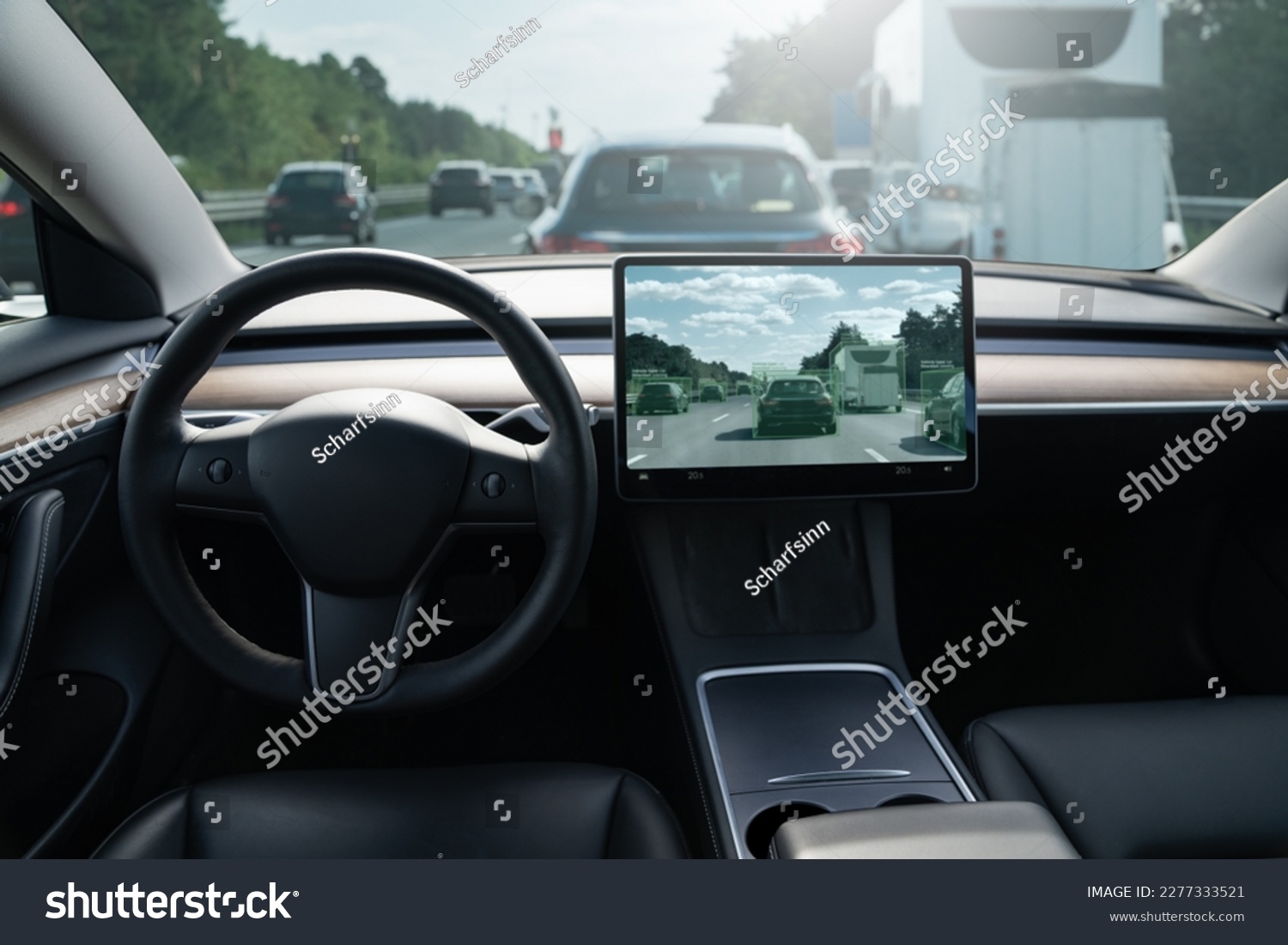 Self driving car on a road. Autonomous vehicle. Inside view. #2277333521