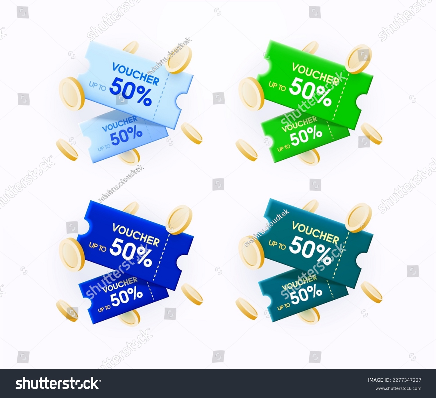 Voucher card cash back template design with coupon code promotion. Premium special price offers sale coupon. Vector gift voucher, gold coin. 3d coupons and vouchers, exchange set. #2277347227