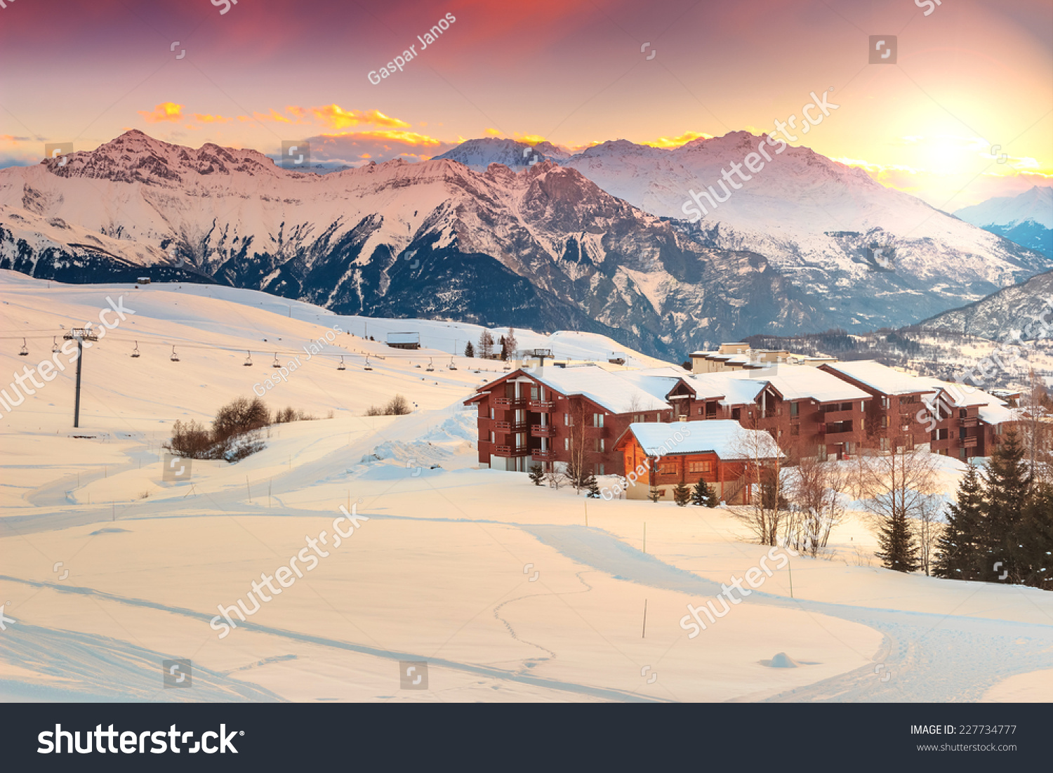 Majestic winter sunrise landscape and ski resort in French Alps,La Toussuire,France,Europe #227734777