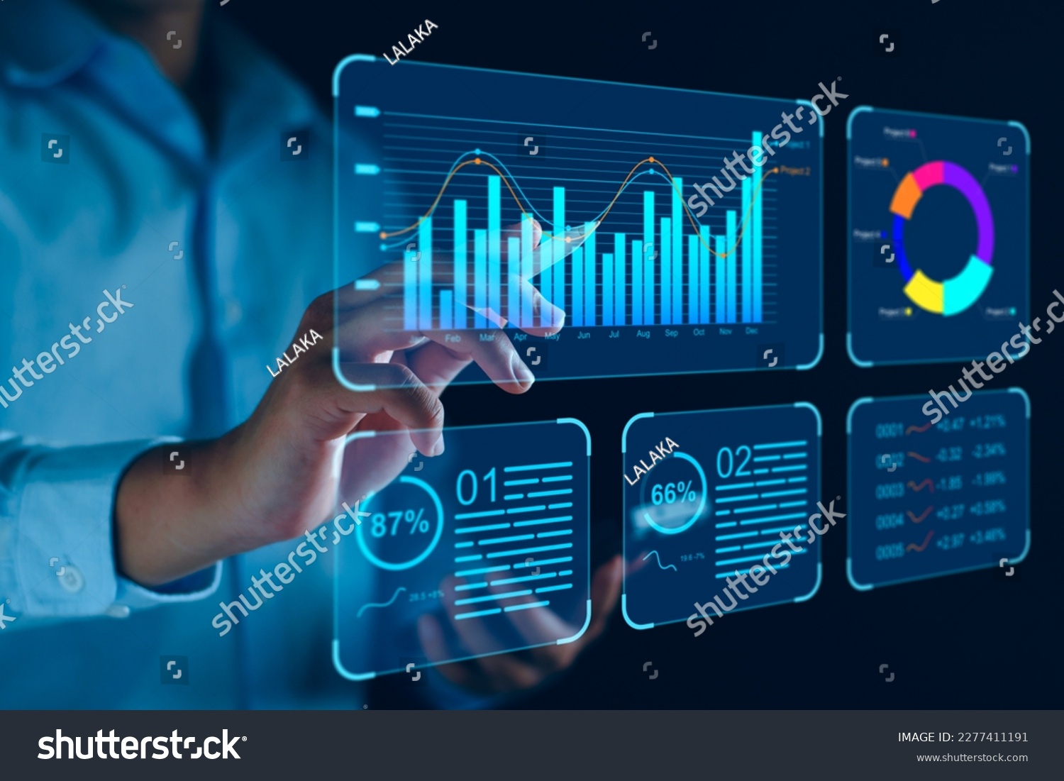 Data analyst working on business analytics dashboard with charts, metrics and KPI to analyze performance and create insight reports and strategic decisions for operations management on virtual screen. #2277411191
