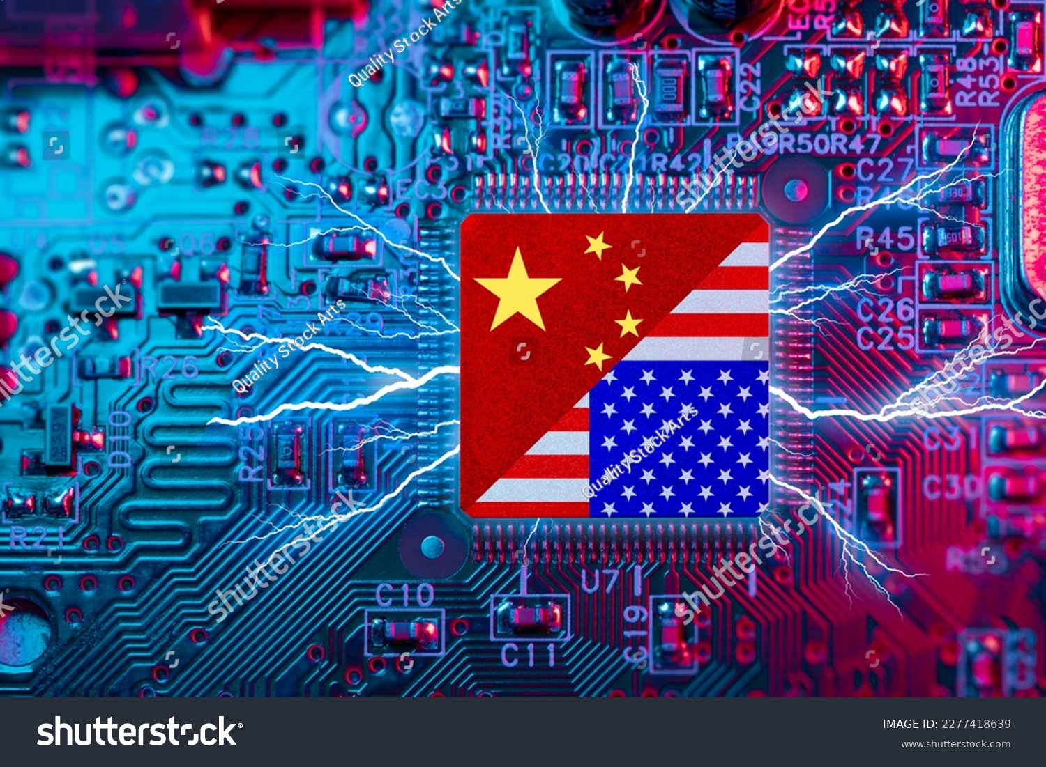 Flag USA and China on Computer CPU. Chip War Crisis, Global semiconductor technology factory fighting supply battle over chips manufacturing USA and China. #2277418639