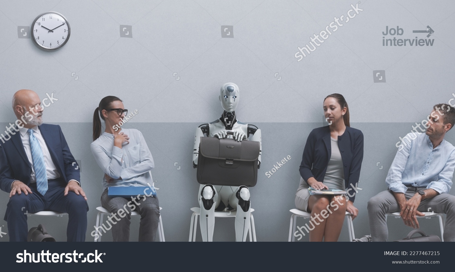 Disappointed job applicants sitting in the waiting room and staring at the AI robot candidate, they are waiting for the job interview #2277467215