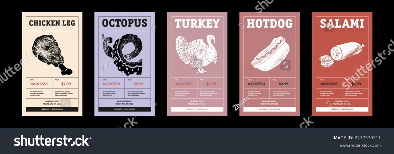 Modern typography banner, hand drawn steak. Meat, chicken legs, octopus, turkey, hotdog, salami abstract vector packaging labels design set. Color paper background layouts collection Isolated. #2277579311