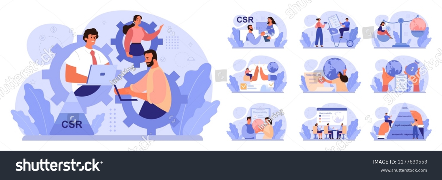 Corporate social responsibility set. CSR, business take responsibility for impact on environment. Reduction of carbon footprint, negative impact of production. Flat vector illustration #2277639553