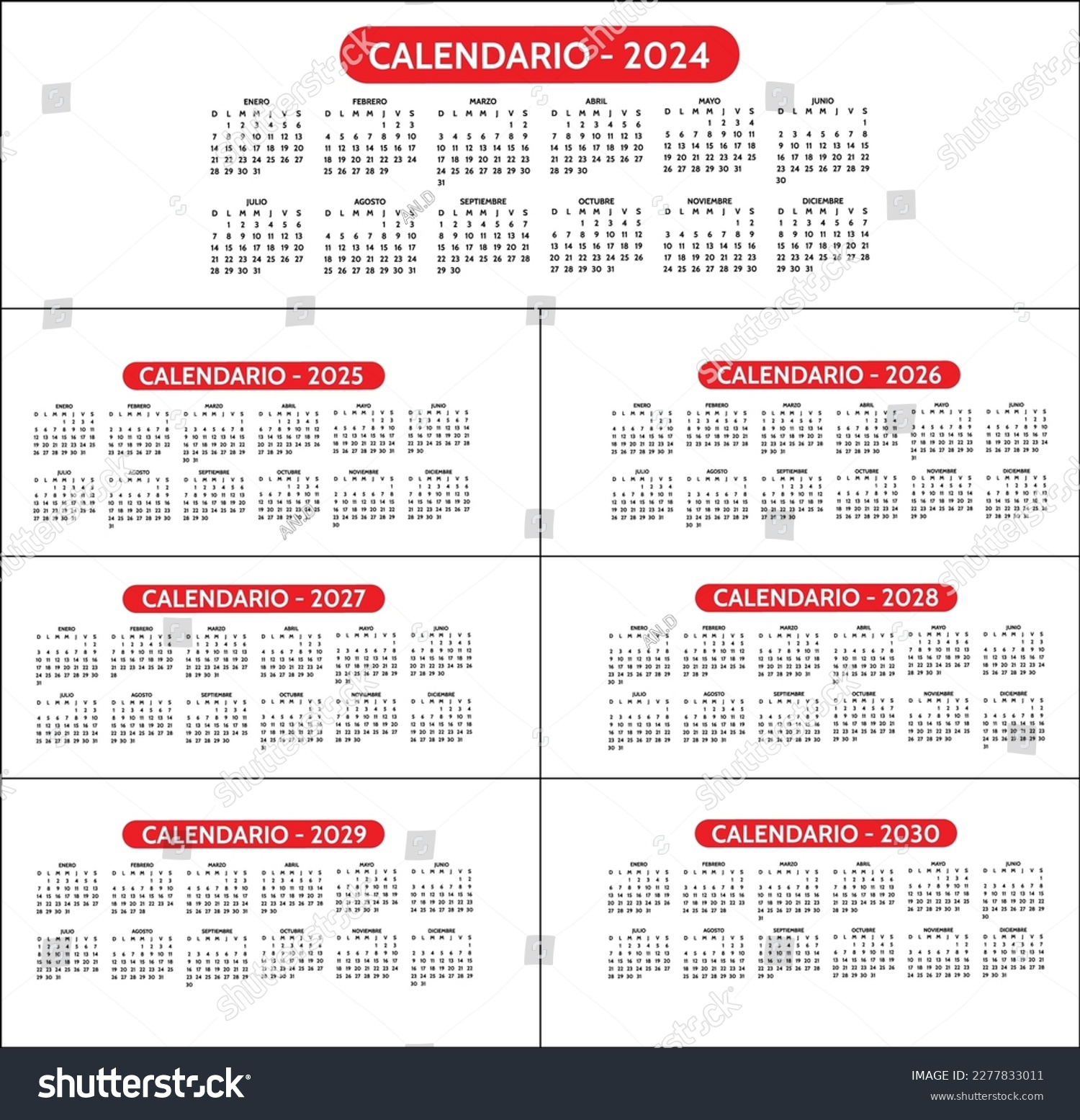 Spanish Calendar 2024, 2025, 2026, 2024, 2028, Royalty Free Stock