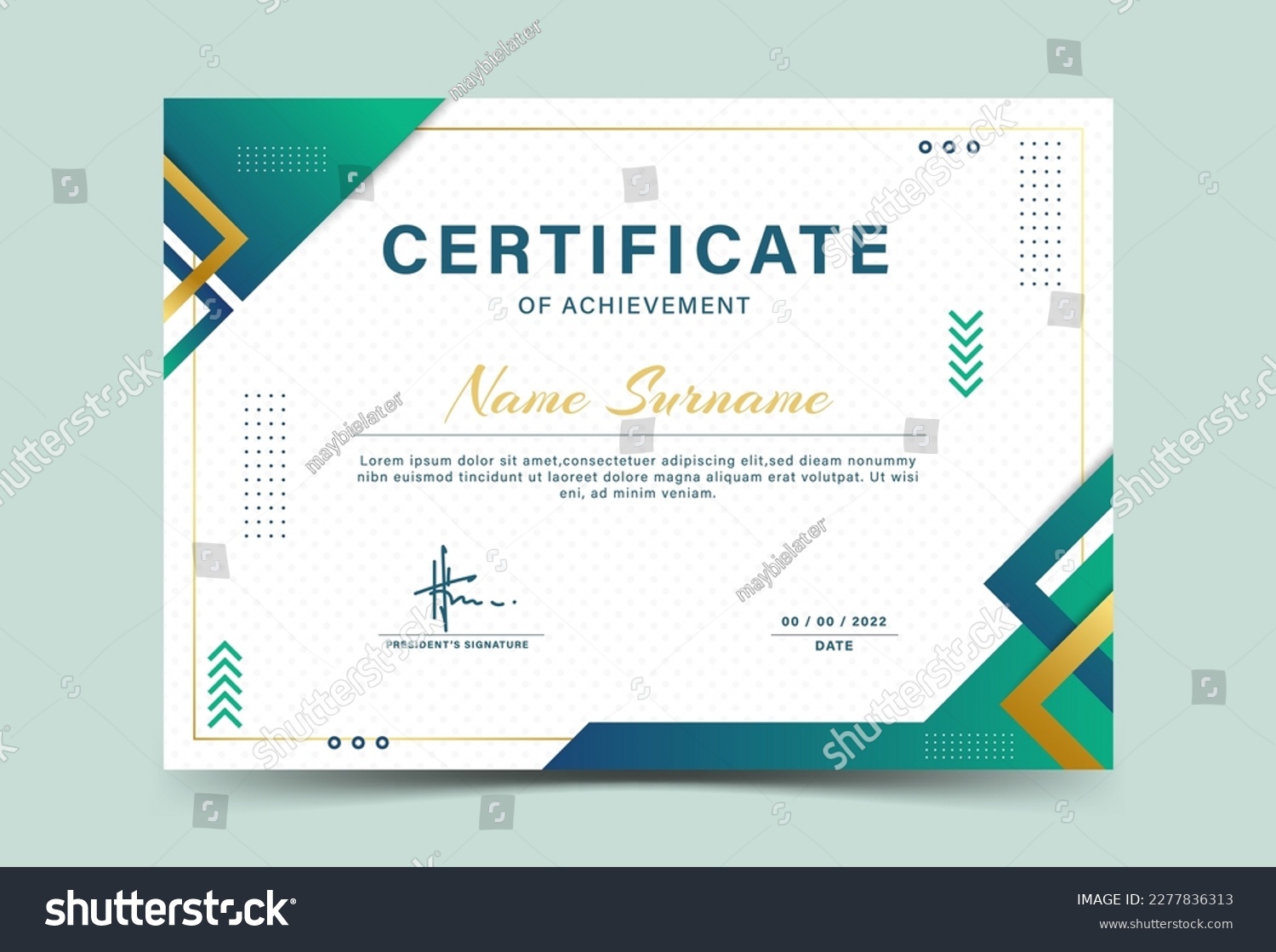 Green and gold geometric effect achievement certificate template.Award diploma design blank. Vector Illustration #2277836313