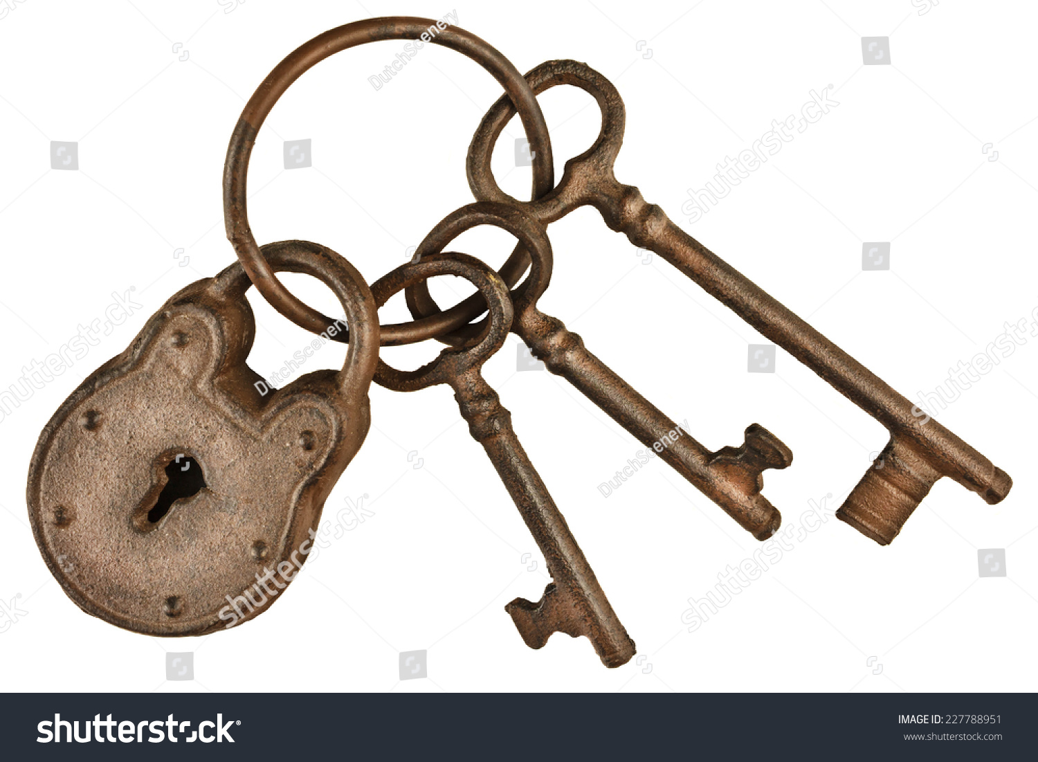 Rusted lock and keys attached on a keyring isolated on a white background #227788951