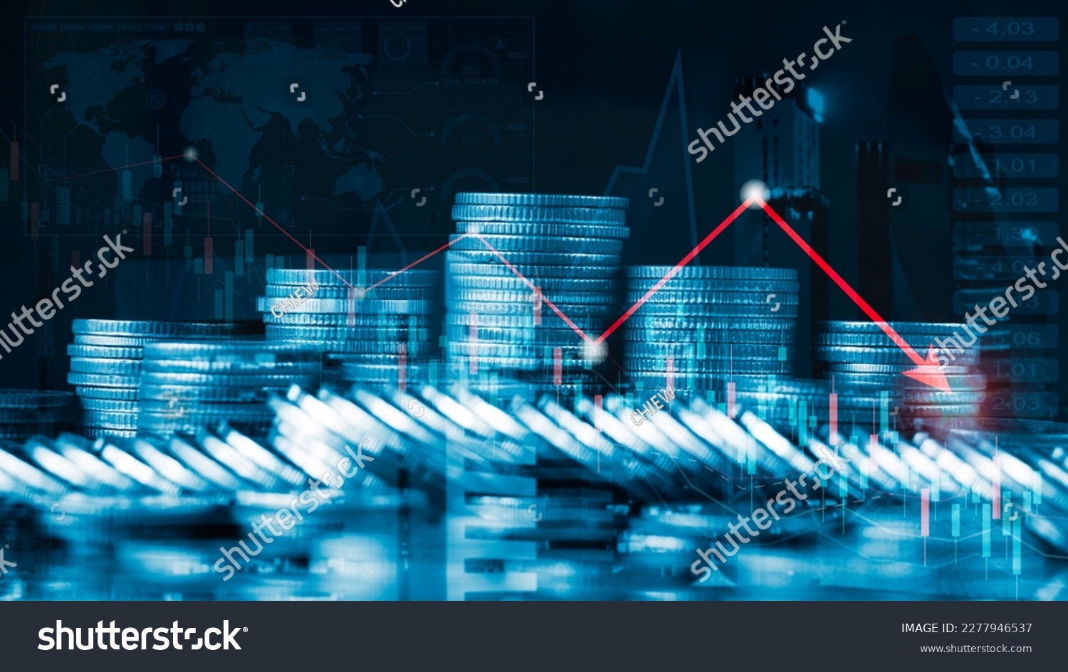 Economic crisis, financial background, Double exposure of Coins  currency with financial graph chart falling due to global economic recession, stock market crash, inflation #2277946537