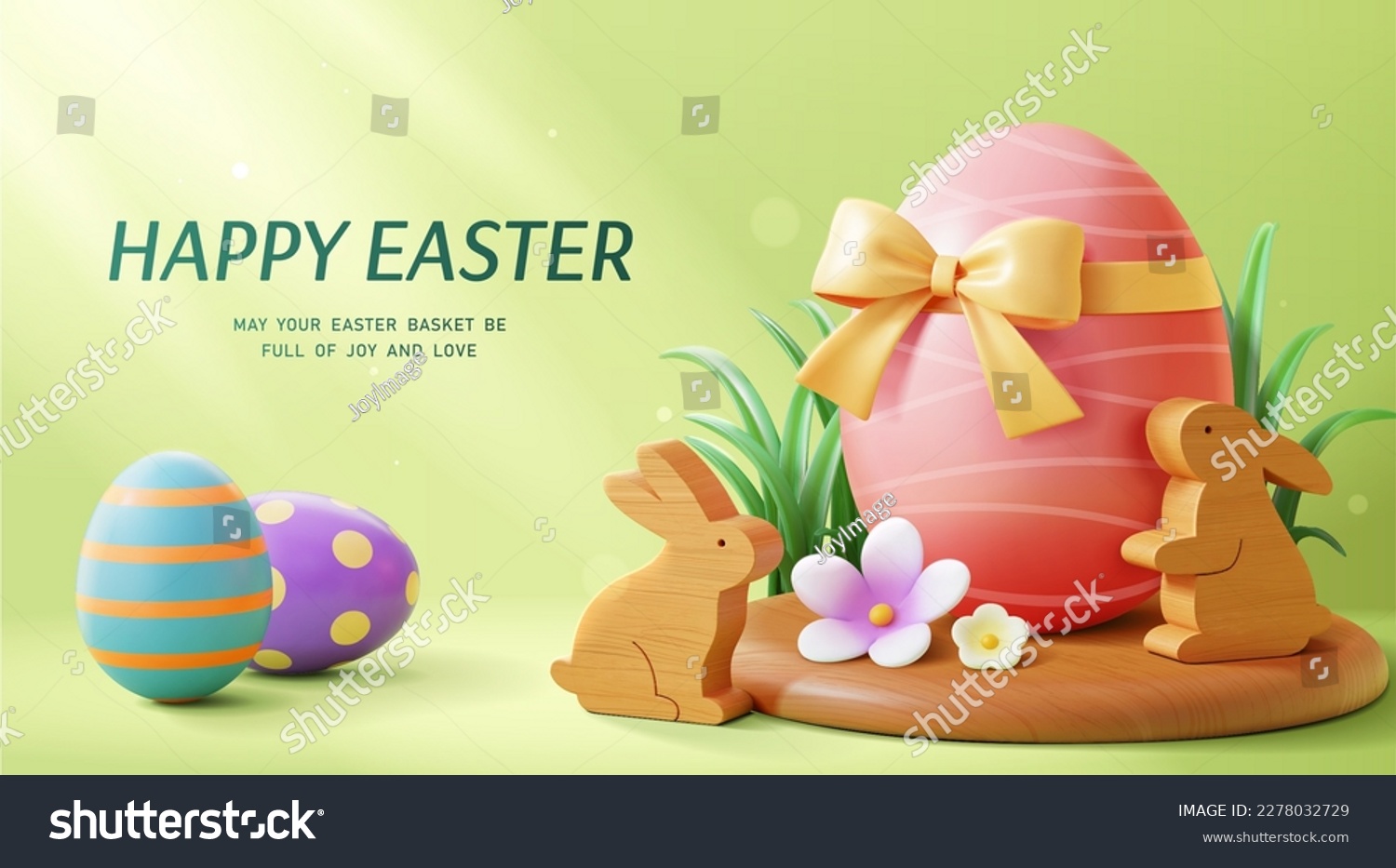 3D illustrated Easter poster. Giant painted egg with bow on wooden stage with rabbit ornament on apple green background. #2278032729