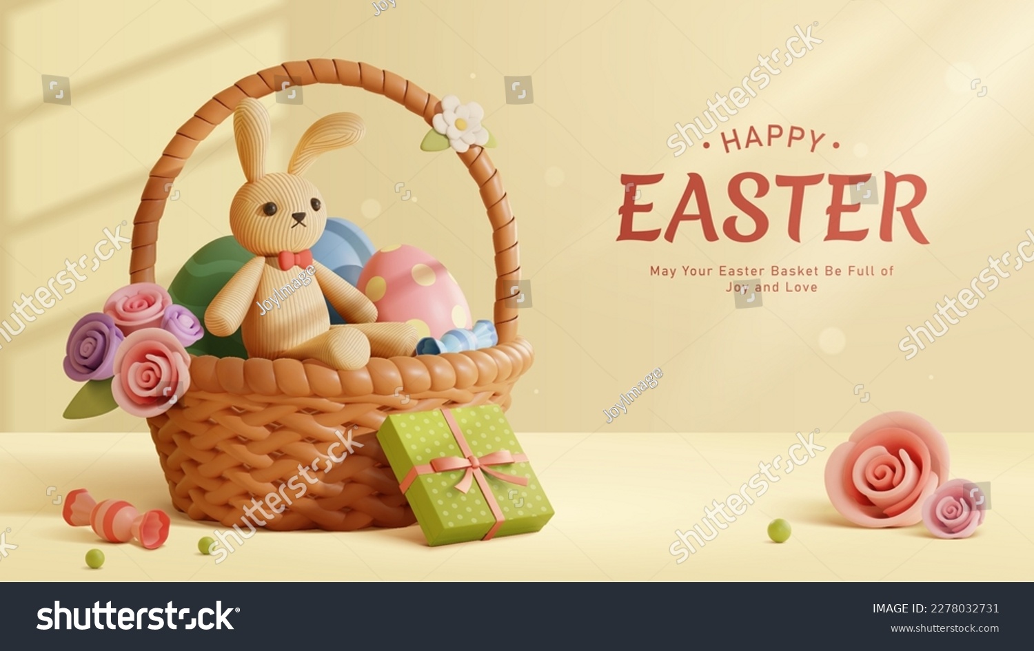 3D Easter poster. Corduroy rabbit plushy in basket full of painted eggs, candy, and roses on light beige background. #2278032731