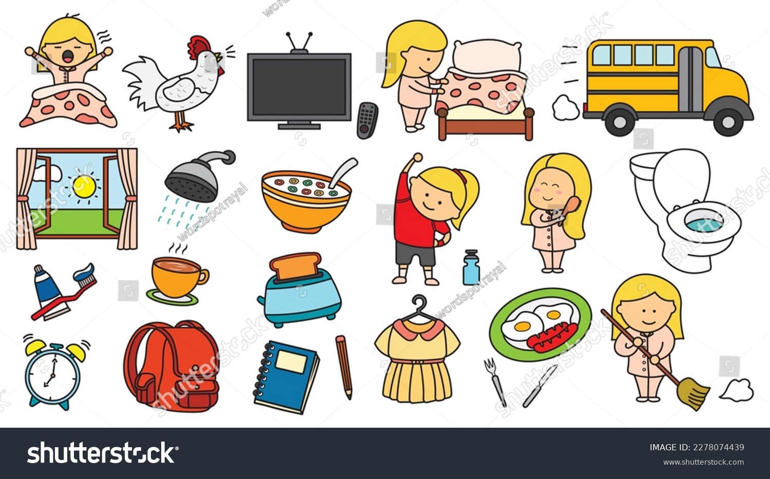 kids drawing The daily routine of cute girl going to school on a white background Isolated vector icon in doodle style #2278074439